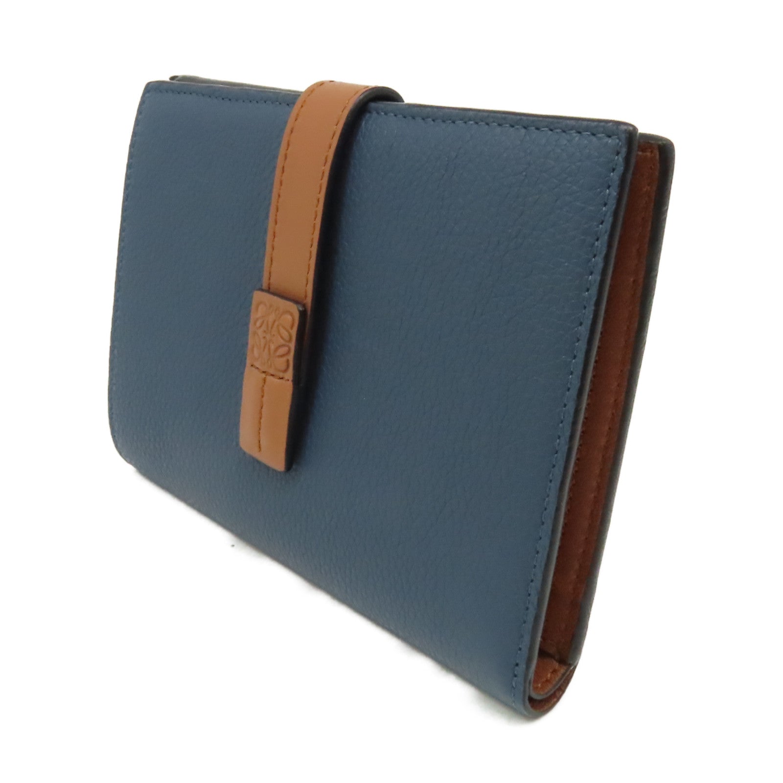 LOEWE 牛皮皮革Middle Wallet銀扣錢包藍色/啡色