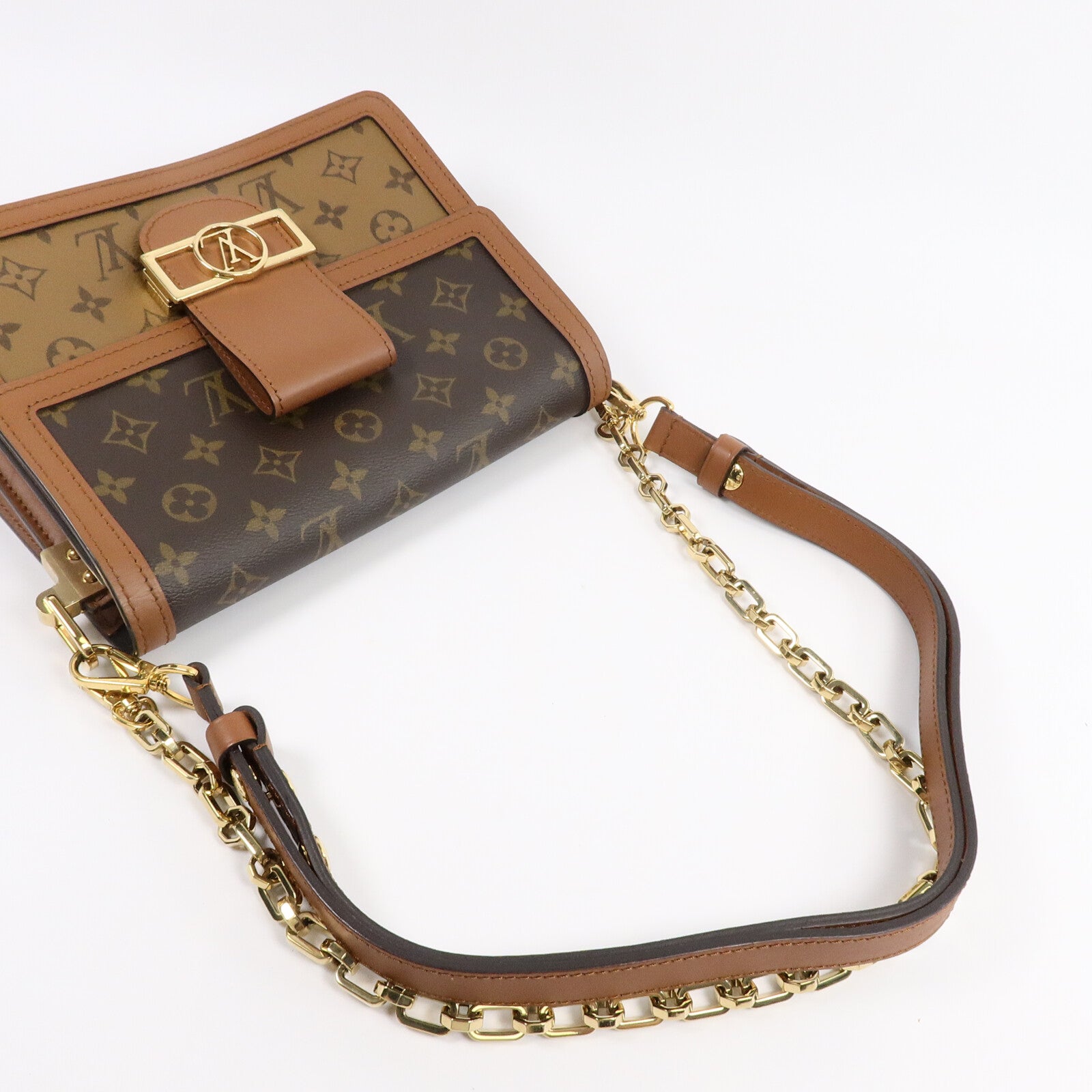 LOUIS VUITTON Monogram/Monogram Reverse Dauphine MM金扣手挽肩背兩用袋棕色