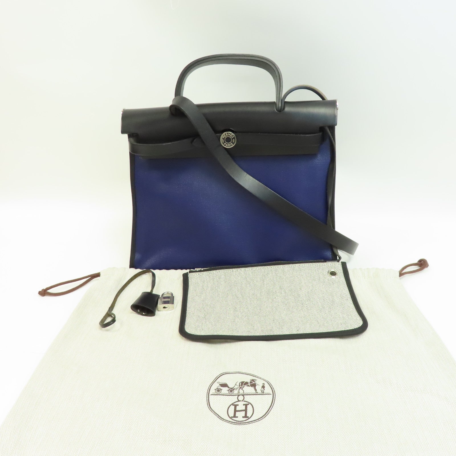 HERMES 塗層帆布Herbag PM銀扣手挽肩背兩用袋藍色/黑色