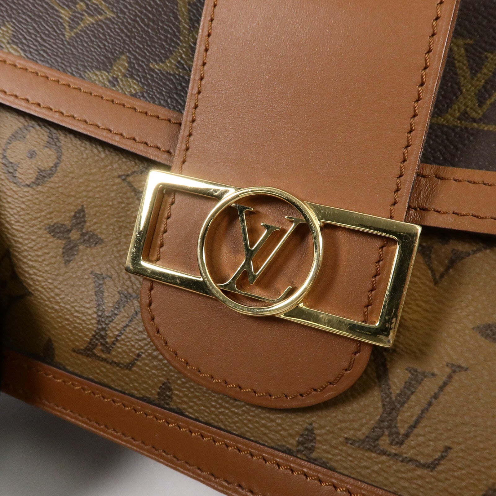 LOUIS VUITTON Monogram/Monogram Reverse Dauphine MM金扣手挽肩背兩用袋棕色