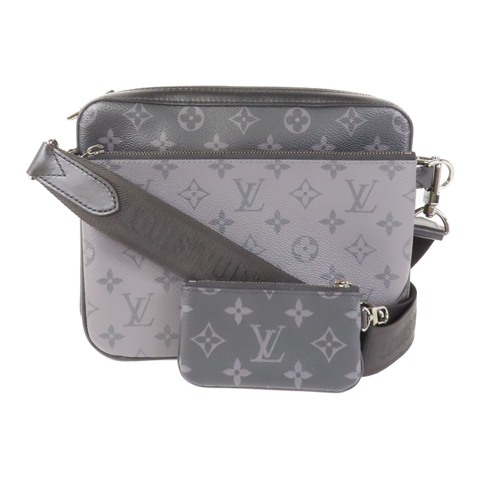 LOUIS VUITTON Monogram Eclipse Reverse Trio Messenger銀扣肩背袋灰色