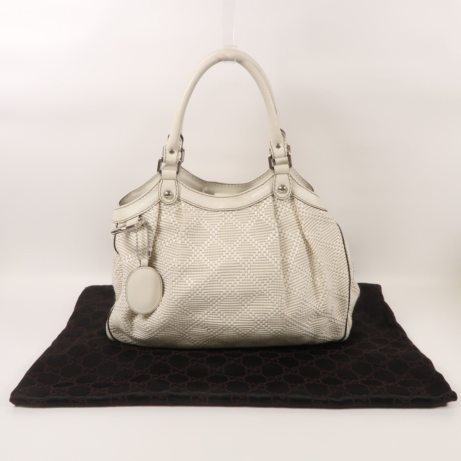 GUCCI 皮革/草編Handbag銀扣肩背袋
