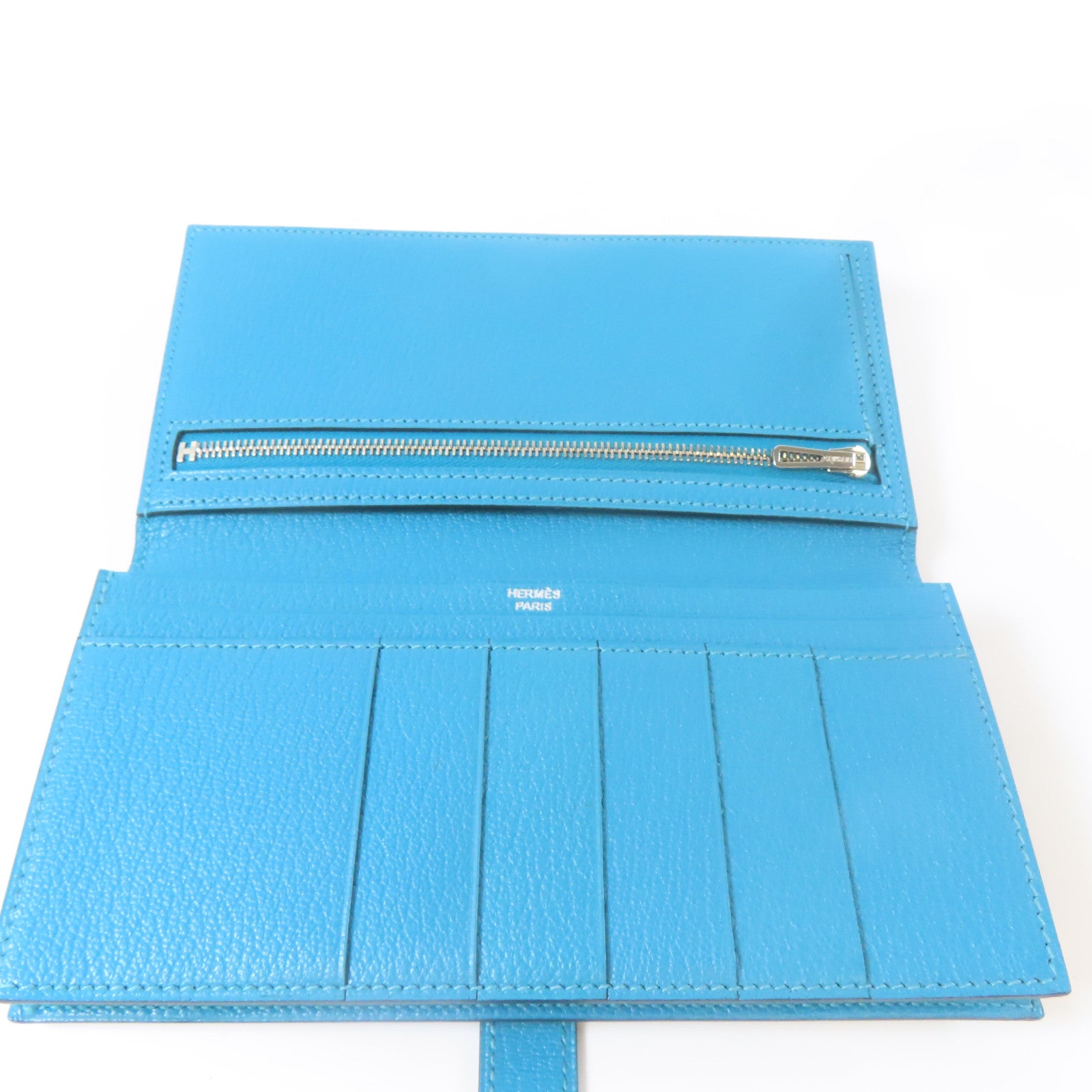 HERMES **【激減優惠】Chevre皮革Bearn Long Wallet銀扣長錢包藍色Blue Jean
