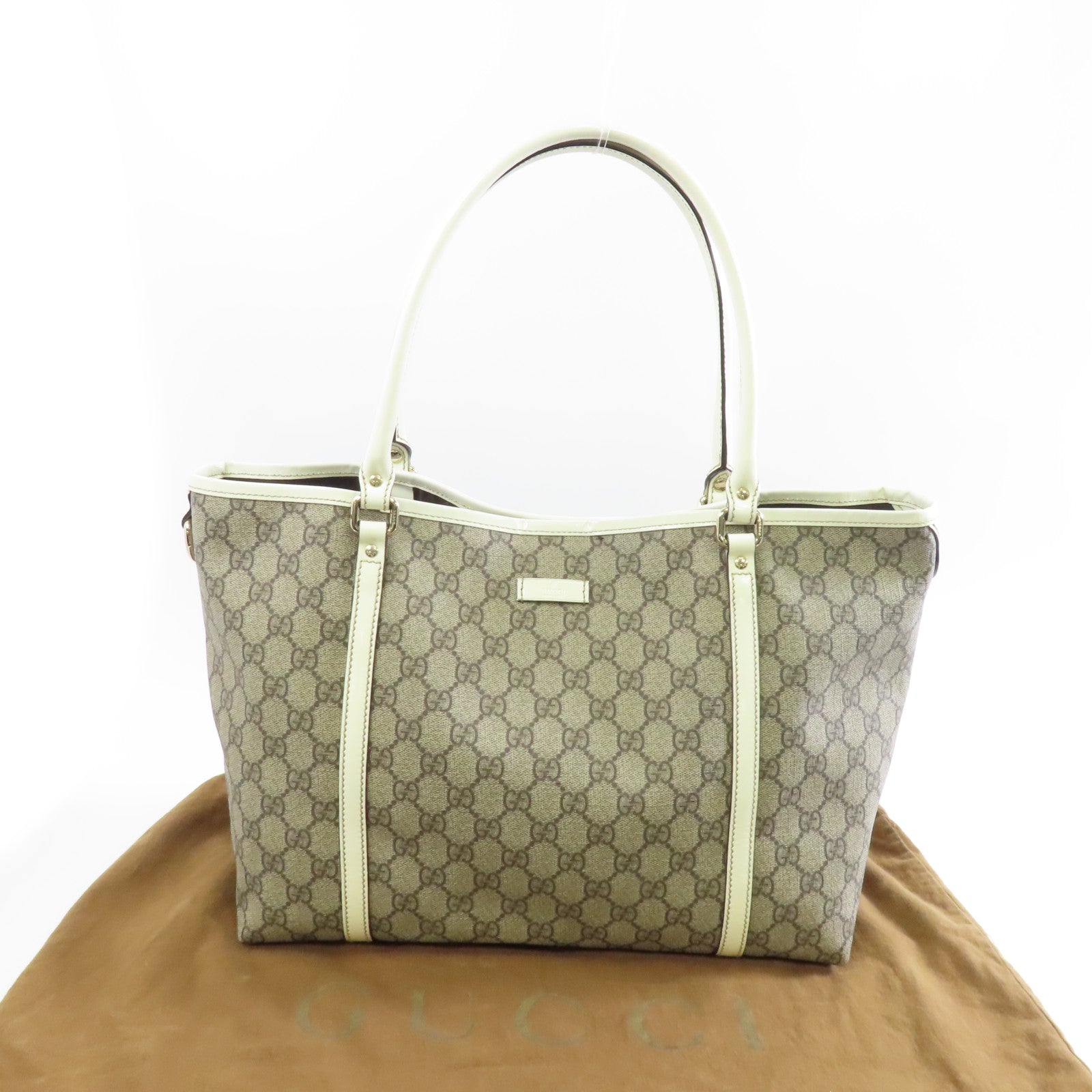 GUCCI 塗層帆布GG Supreme Tote Bag金扣手挽袋啡色/白色