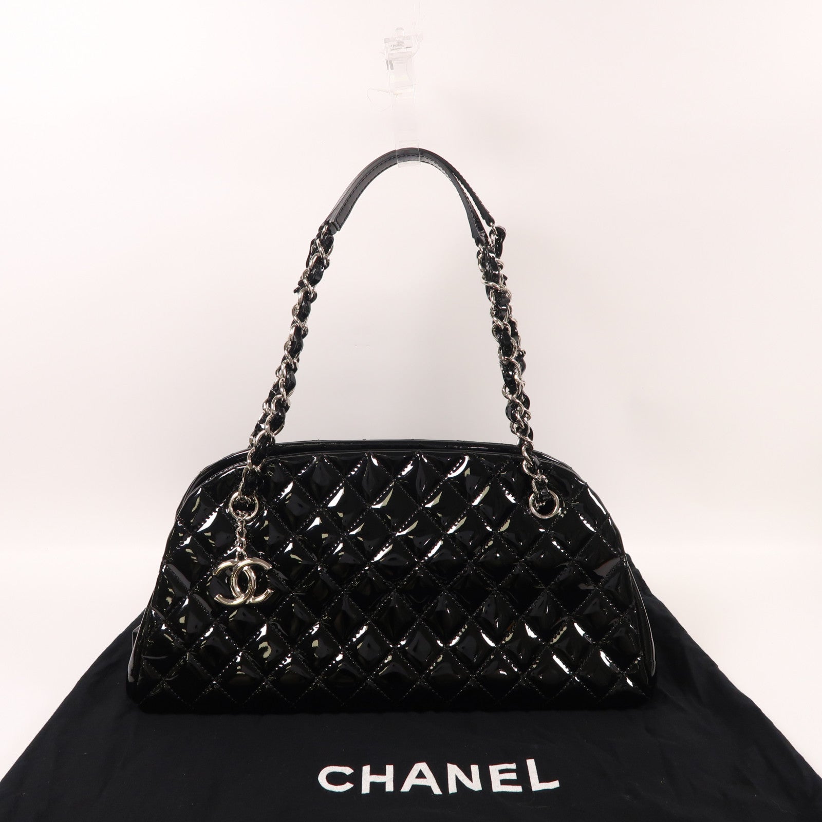 CHANEL 漆皮皮革Tote Bag銀扣鏈帶肩背袋黑色
