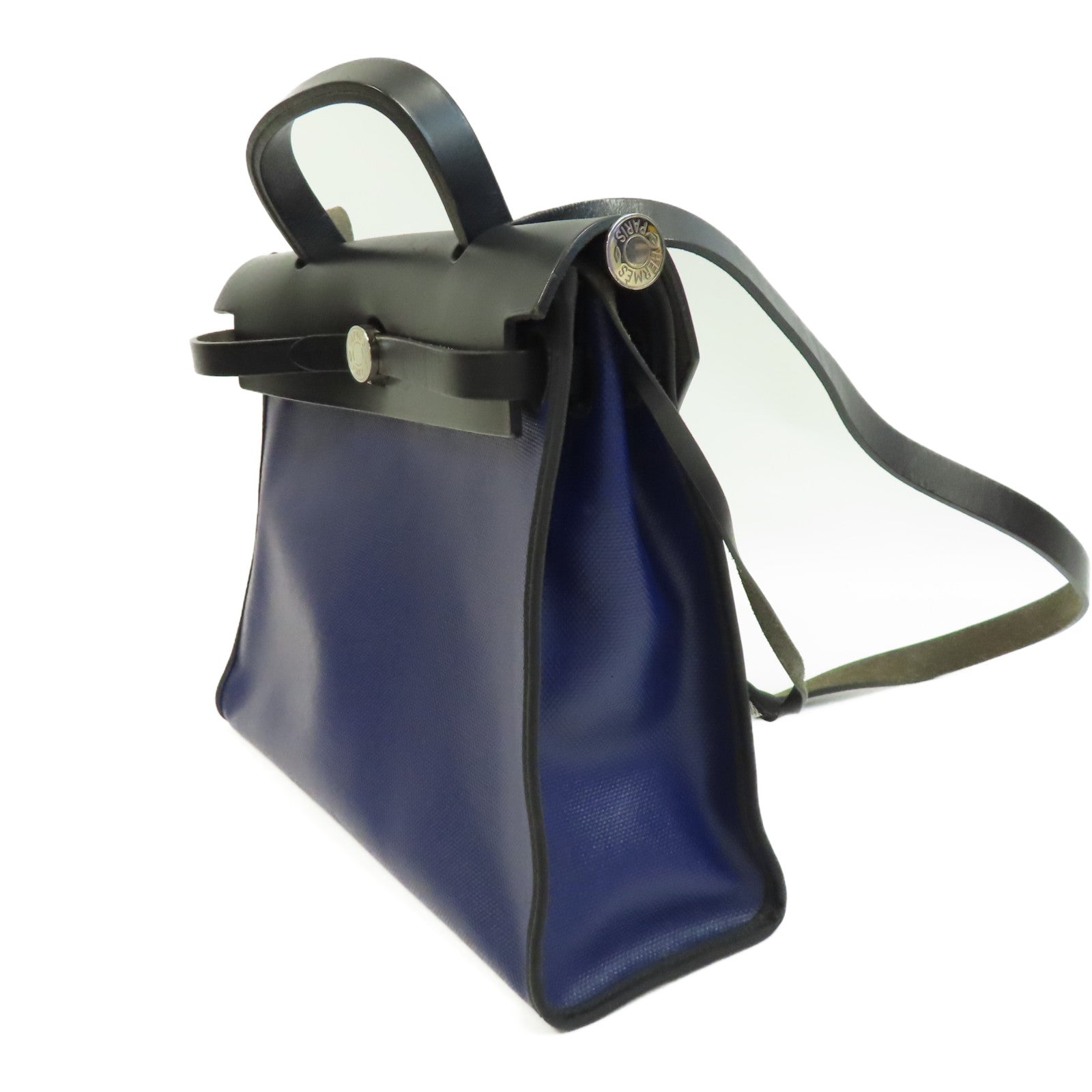 HERMES 塗層帆布Herbag PM銀扣手挽肩背兩用袋藍色/黑色