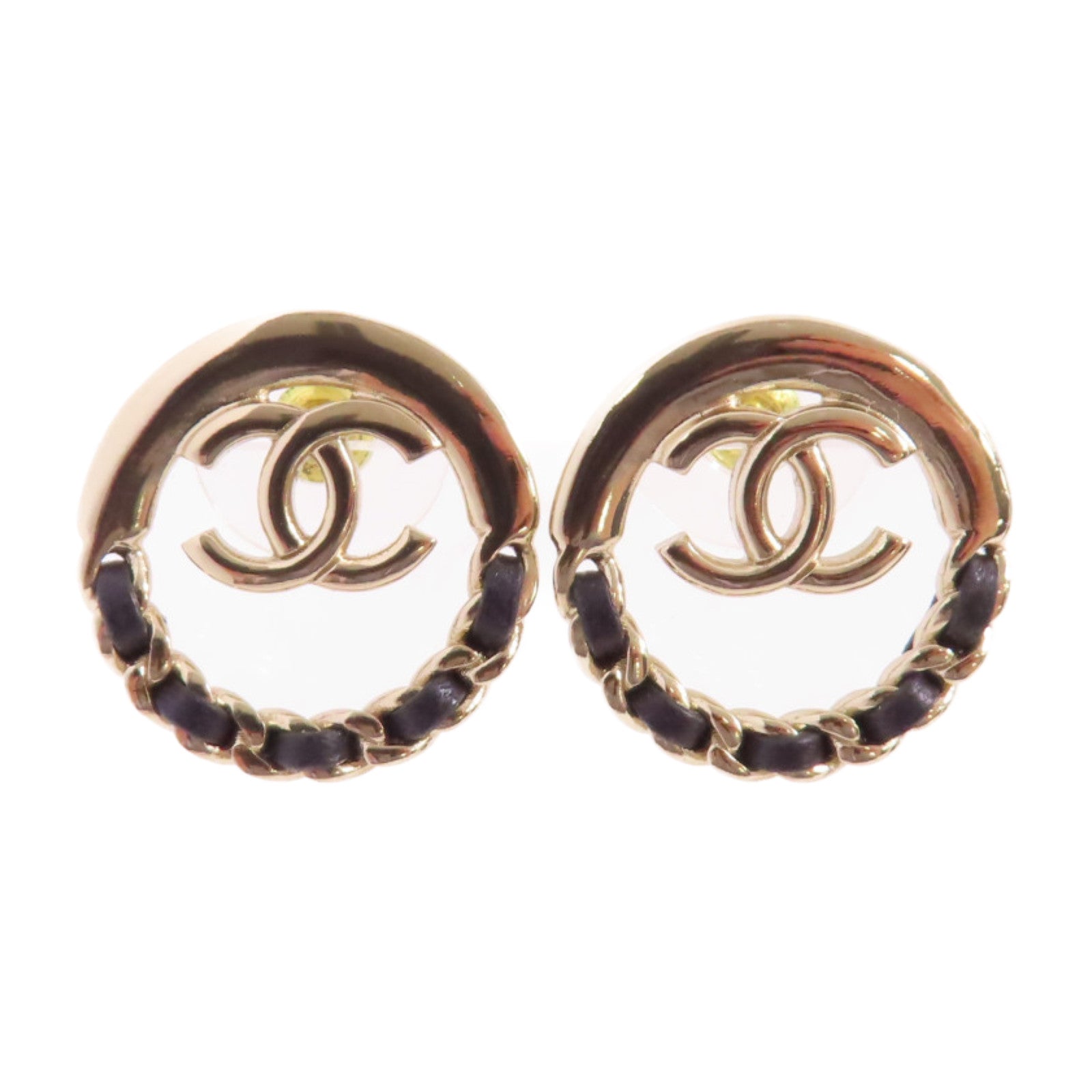 CHANEL 金屬/皮革CC Earrings耳環金色/黑色