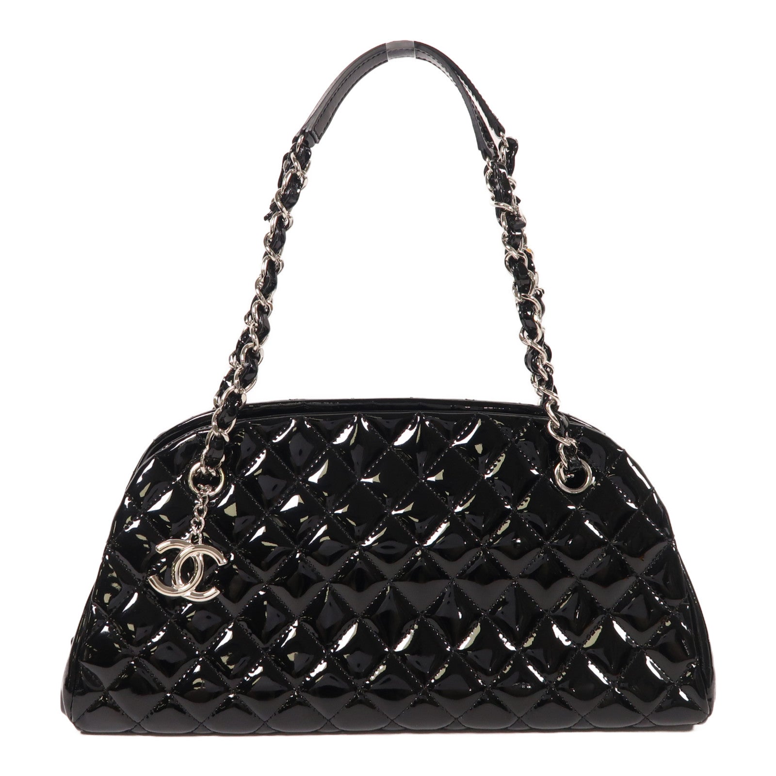 CHANEL 漆皮皮革Tote Bag銀扣鏈帶肩背袋黑色