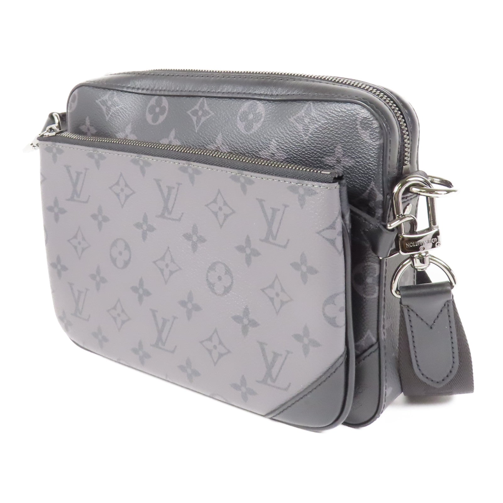LOUIS VUITTON Monogram Eclipse Reverse Trio Messenger銀扣肩背袋灰色