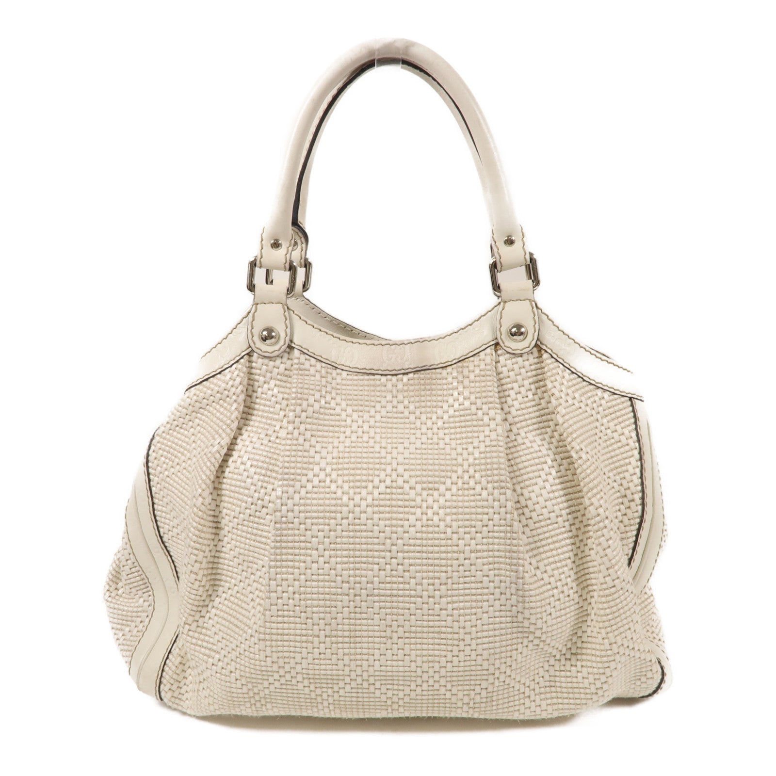 GUCCI 皮革/草編Handbag銀扣肩背袋