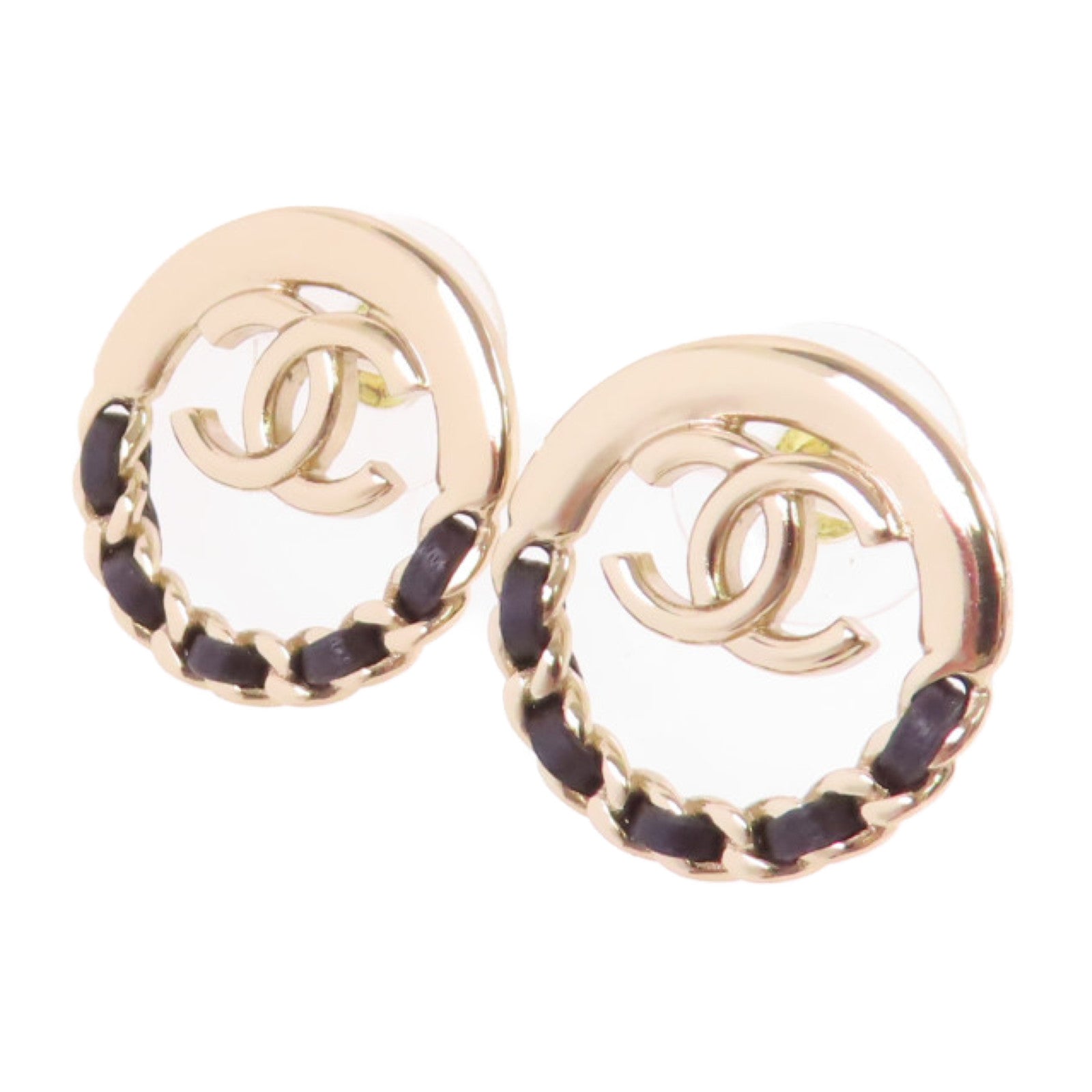 CHANEL 金屬/皮革CC Earrings耳環金色/黑色