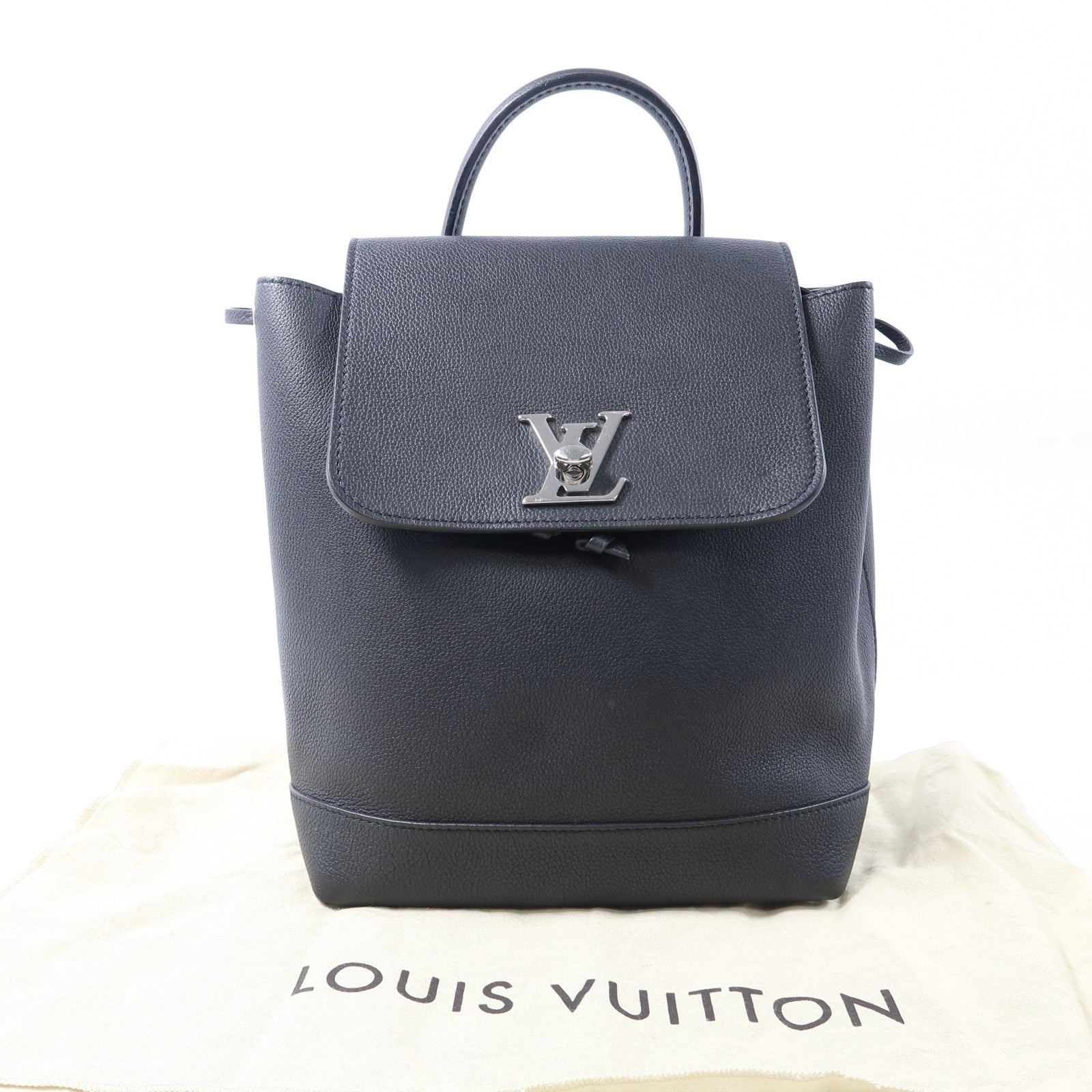 LOUIS VUITTON 牛皮皮革Lock Me Backpack銀扣背包黑色