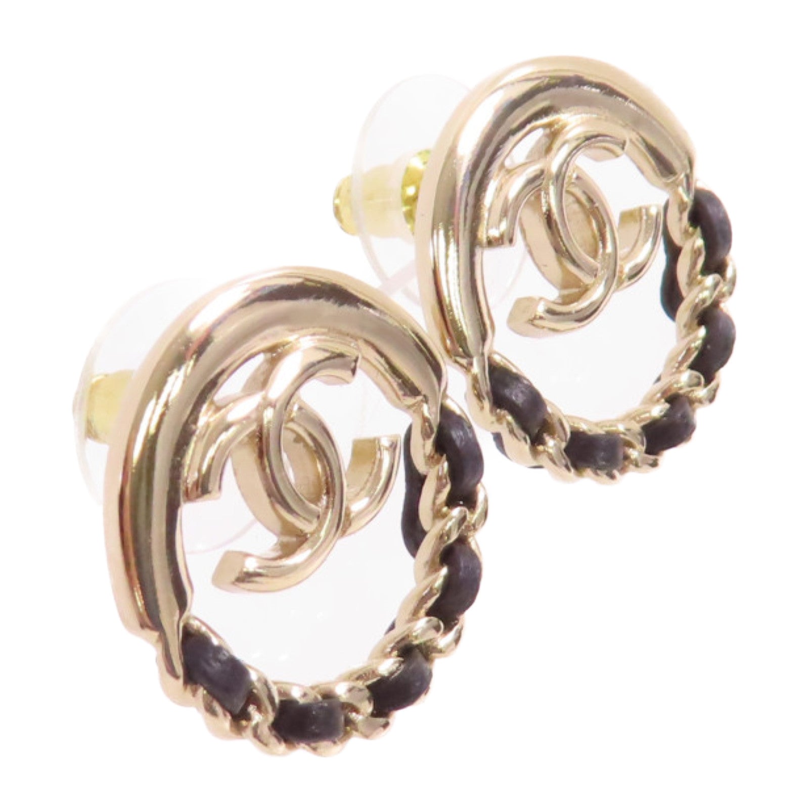CHANEL 金屬/皮革CC Earrings耳環金色/黑色