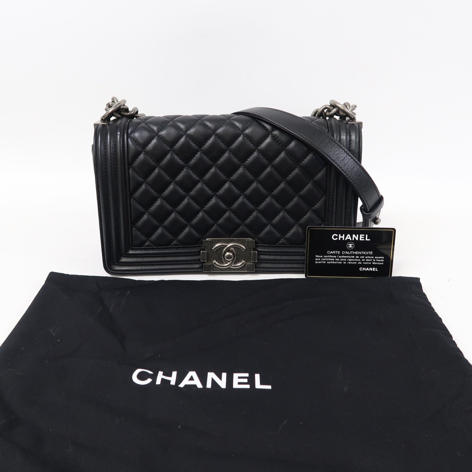 CHANEL 菱格羊皮皮革Boy 25銀扣鏈帶肩背袋黑色
