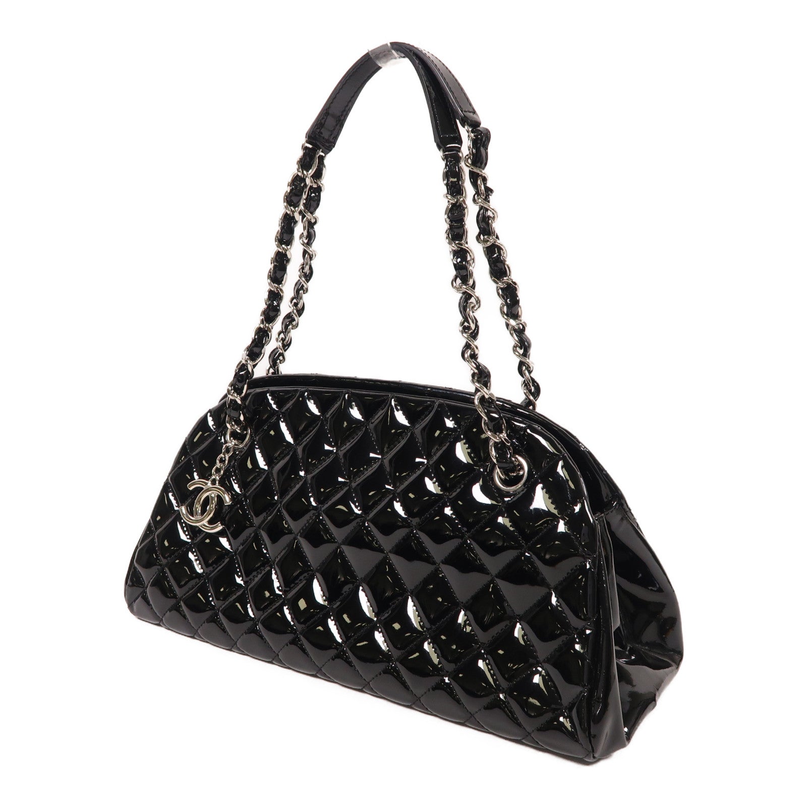 CHANEL 漆皮皮革Tote Bag銀扣鏈帶肩背袋黑色