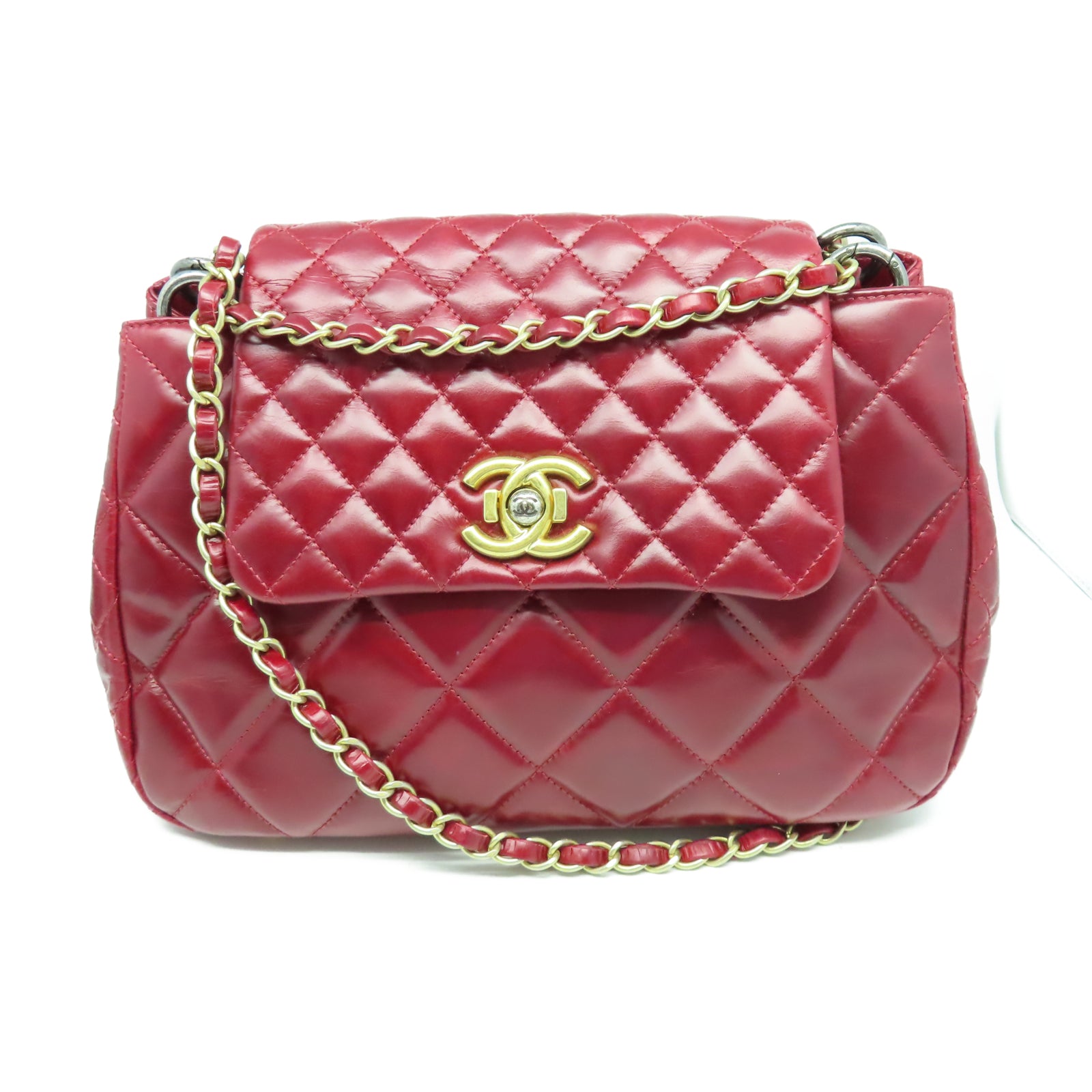 CHANEL 【激減優惠】菱格牛皮皮革Chain Shoulder金扣鏈帶肩背袋紅色