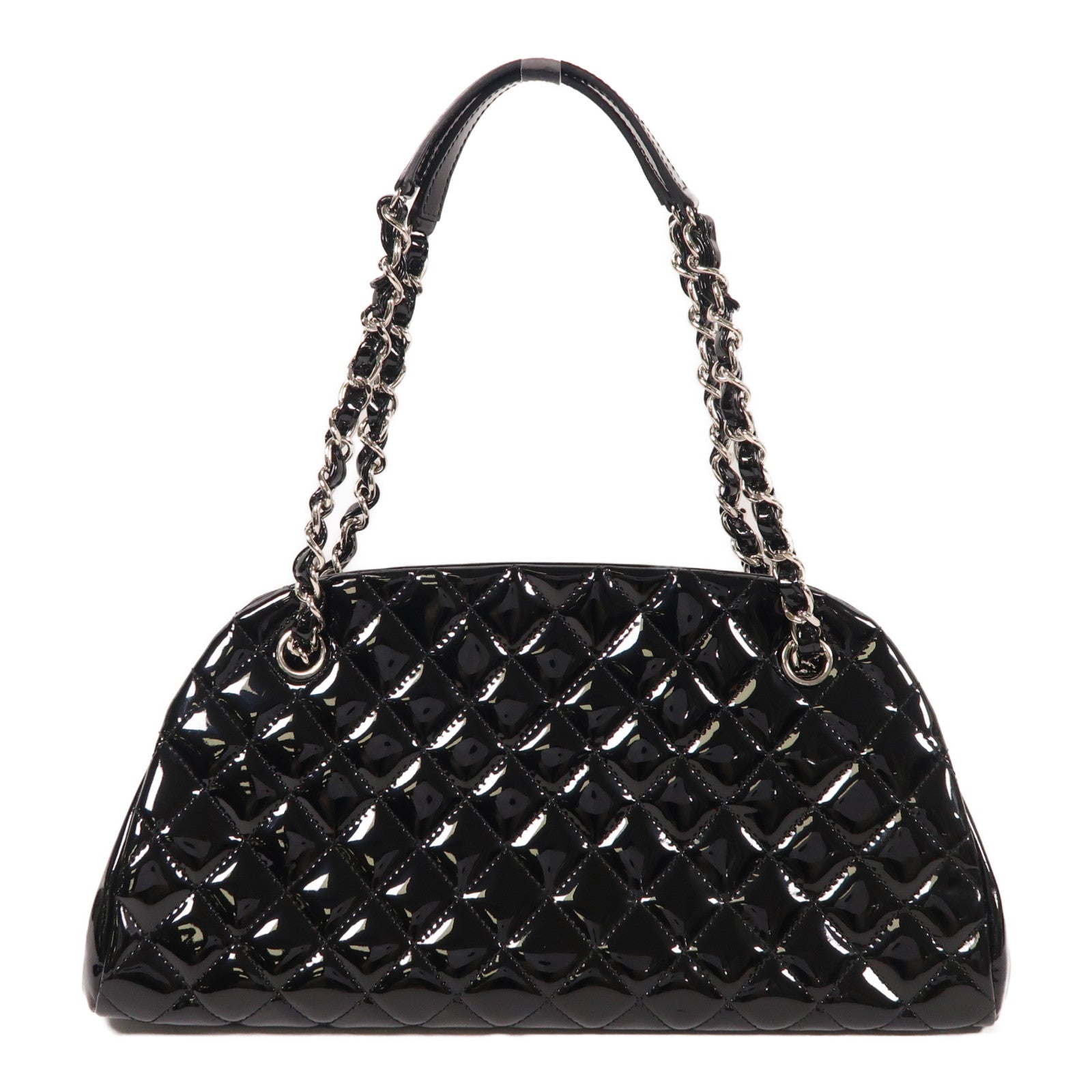 CHANEL 漆皮皮革Tote Bag銀扣鏈帶肩背袋黑色