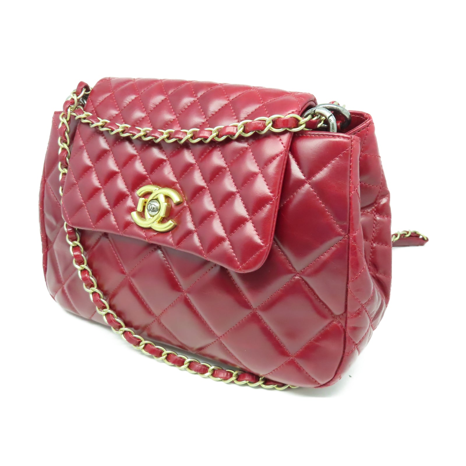 CHANEL 【激減優惠】菱格牛皮皮革Chain Shoulder金扣鏈帶肩背袋紅色