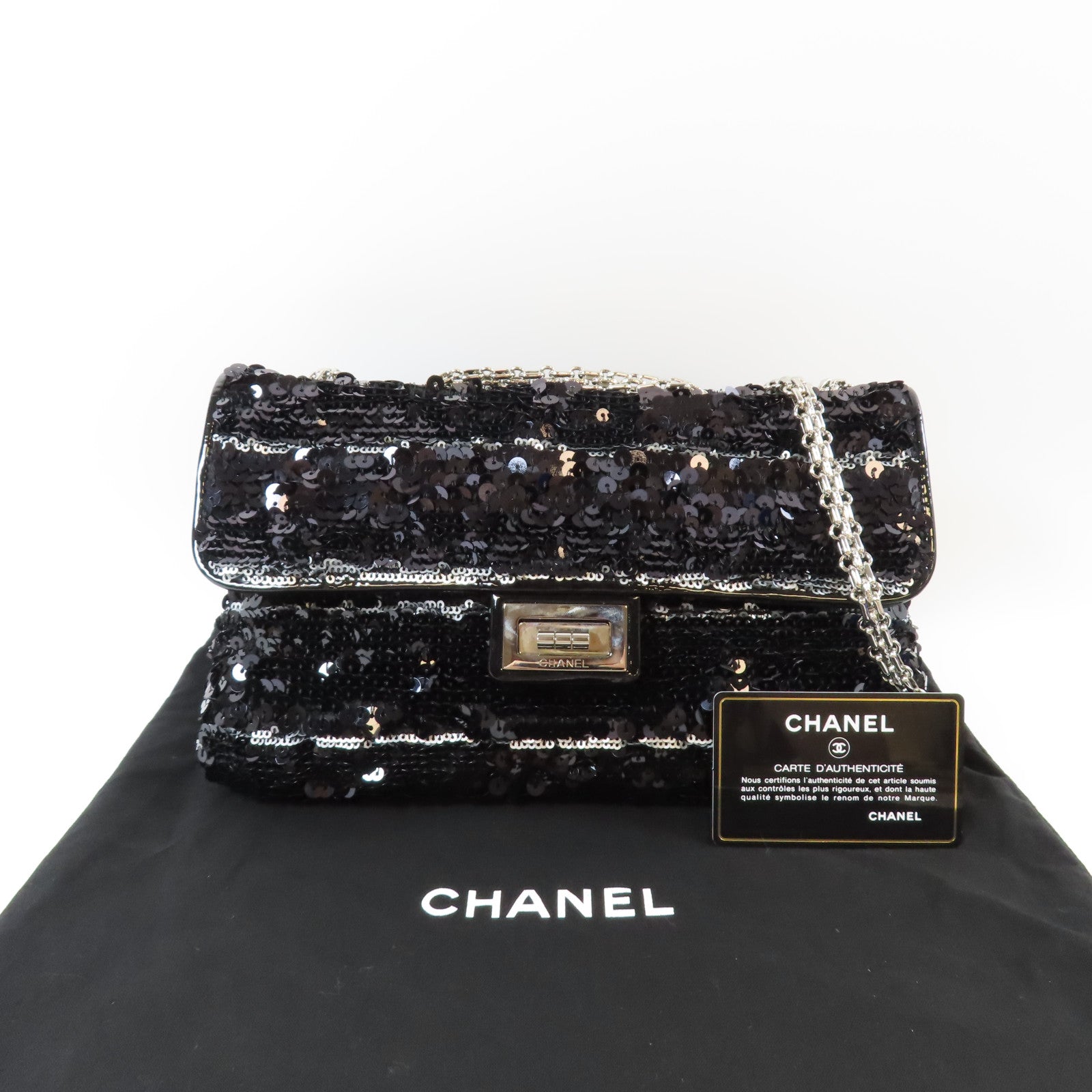 CHANEL 亮片Chain Shoulder銀扣肩背袋黑色