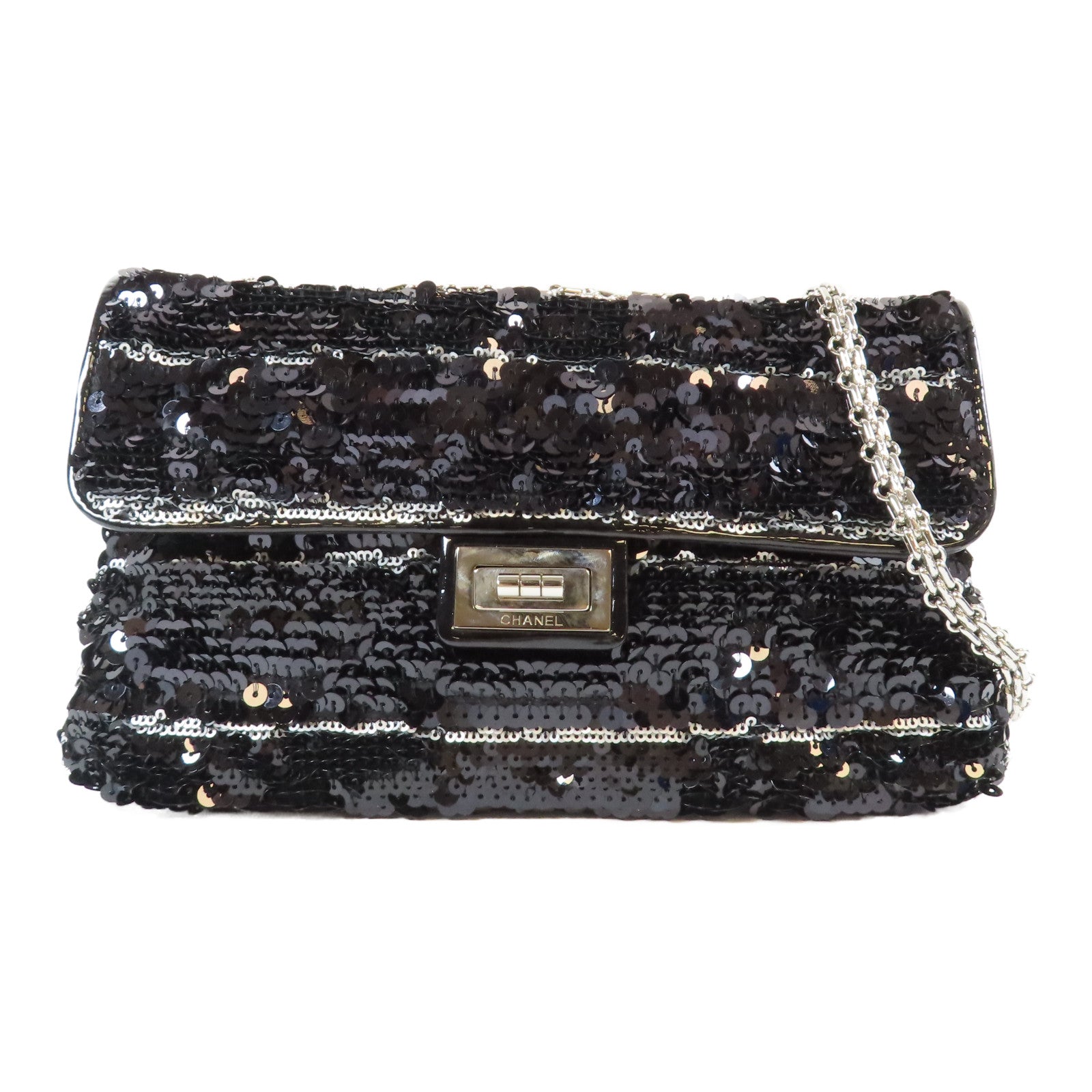 CHANEL 亮片Chain Shoulder銀扣肩背袋黑色