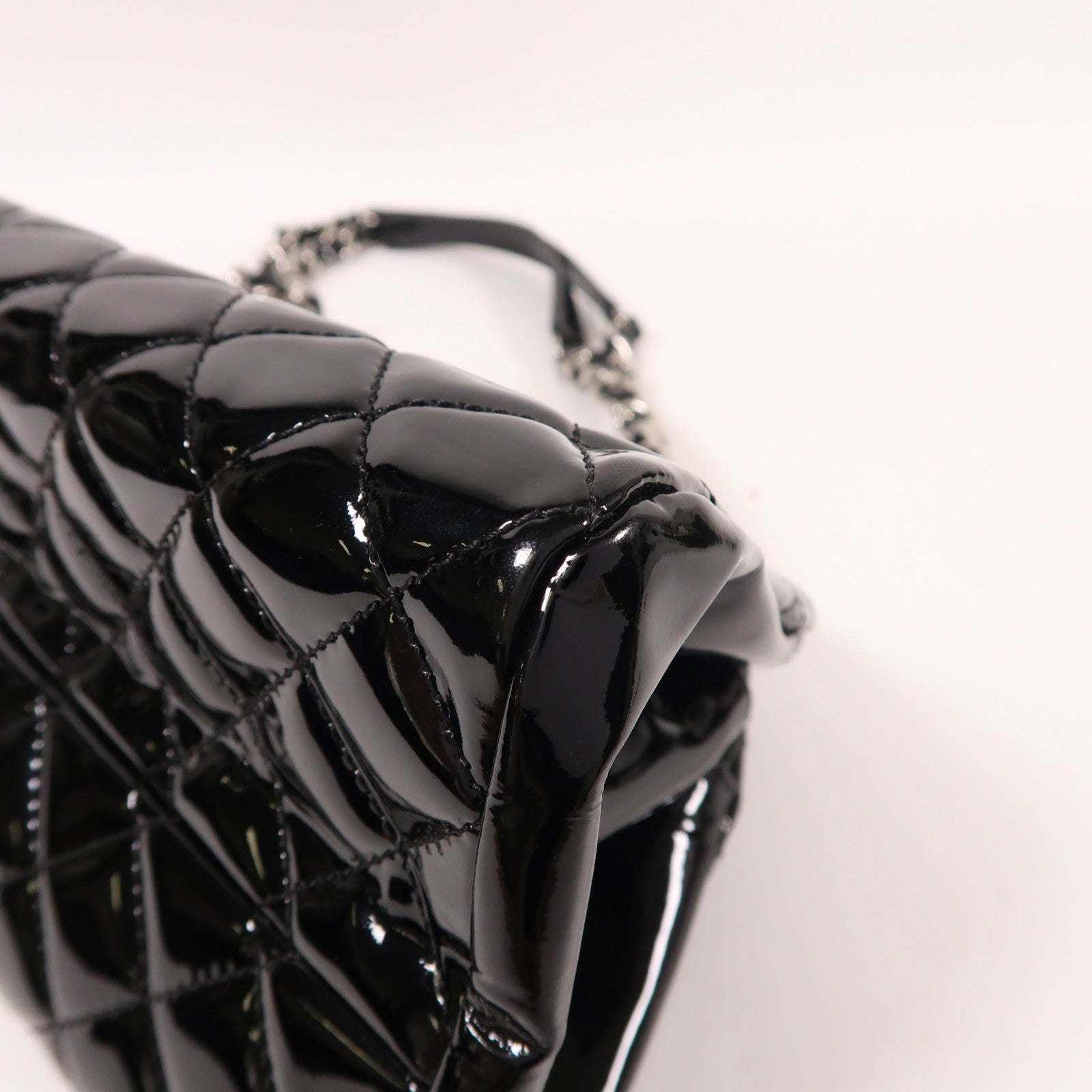 CHANEL 漆皮皮革Tote Bag銀扣鏈帶肩背袋黑色