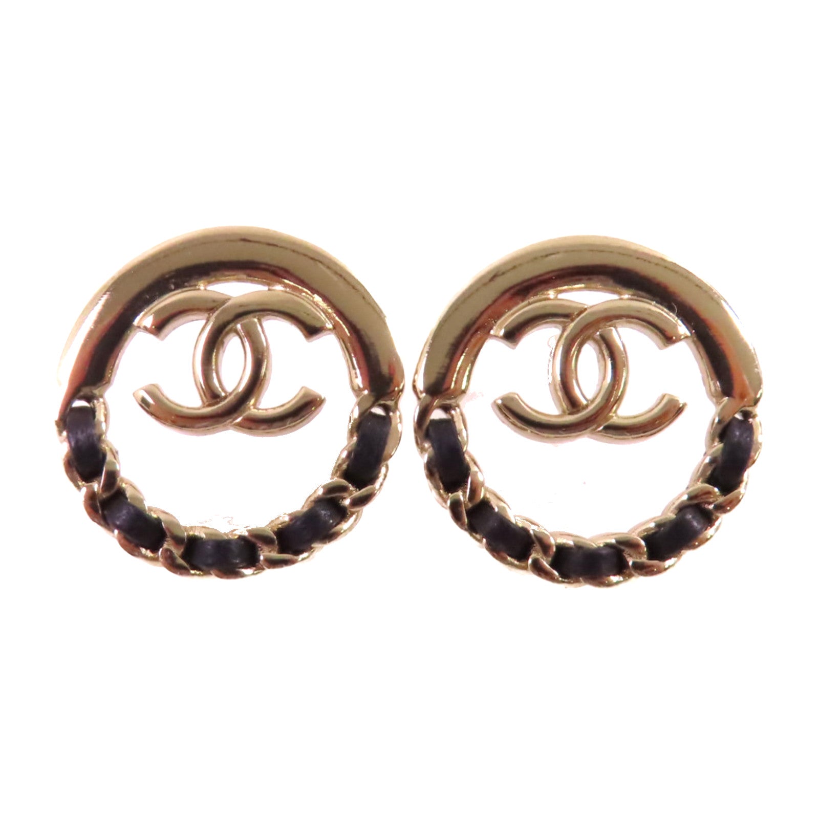 CHANEL 金屬/皮革CC Earrings耳環金色/黑色