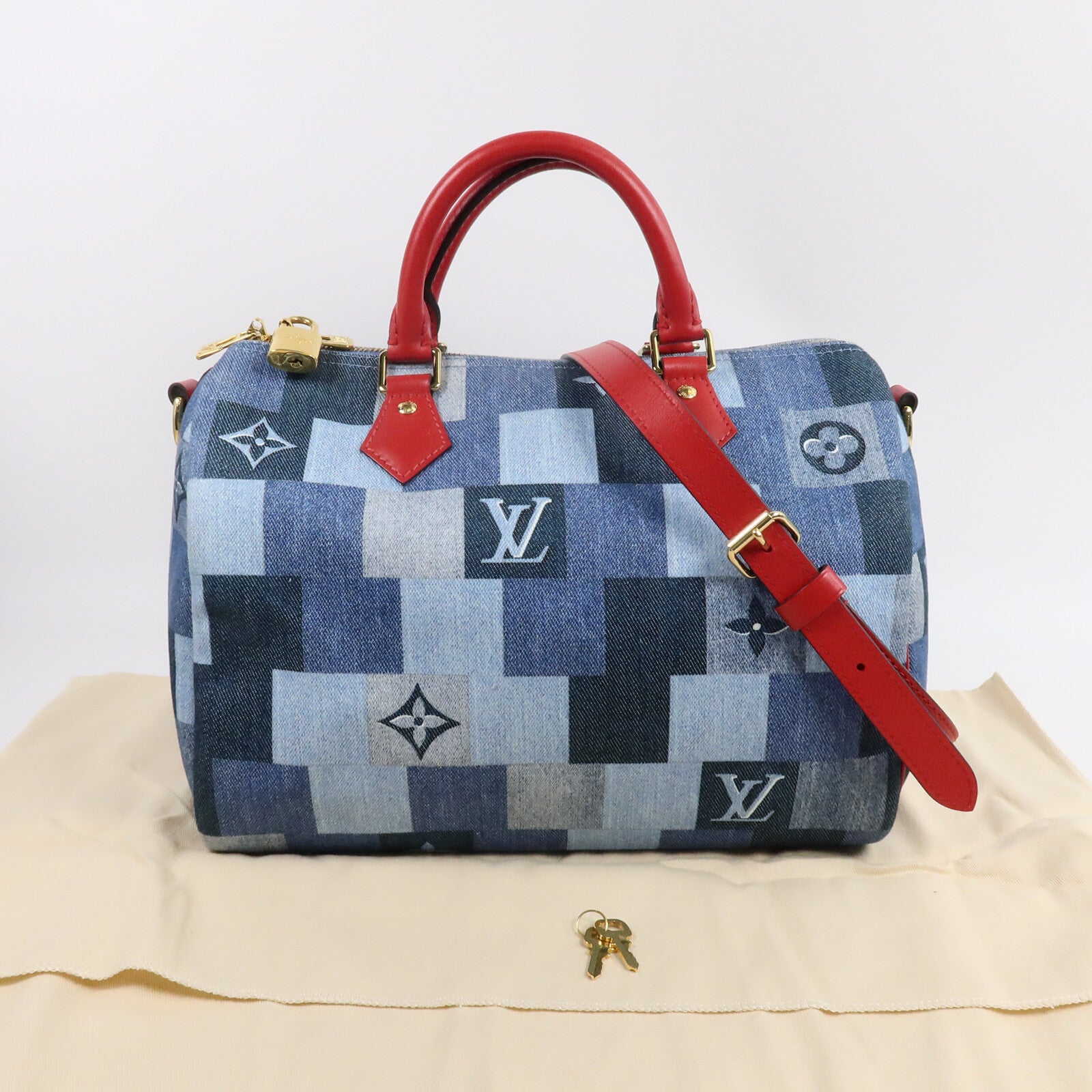 LOUIS VUITTON Monogram Denim Speedy Bandouliere 30 Square Patchwork手挽肩背兩用袋