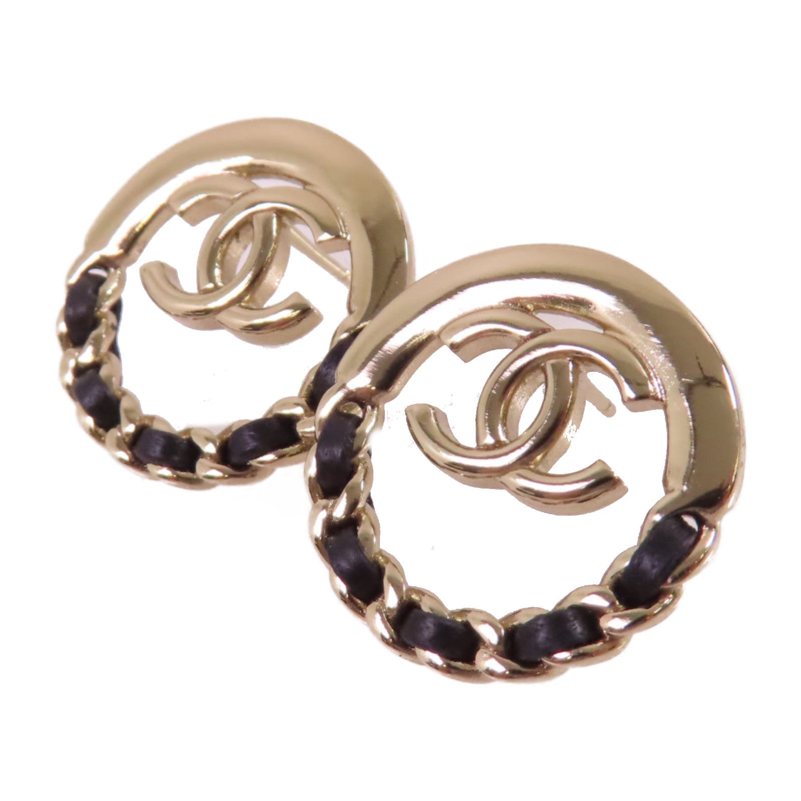CHANEL 金屬/皮革CC Earrings耳環金色/黑色