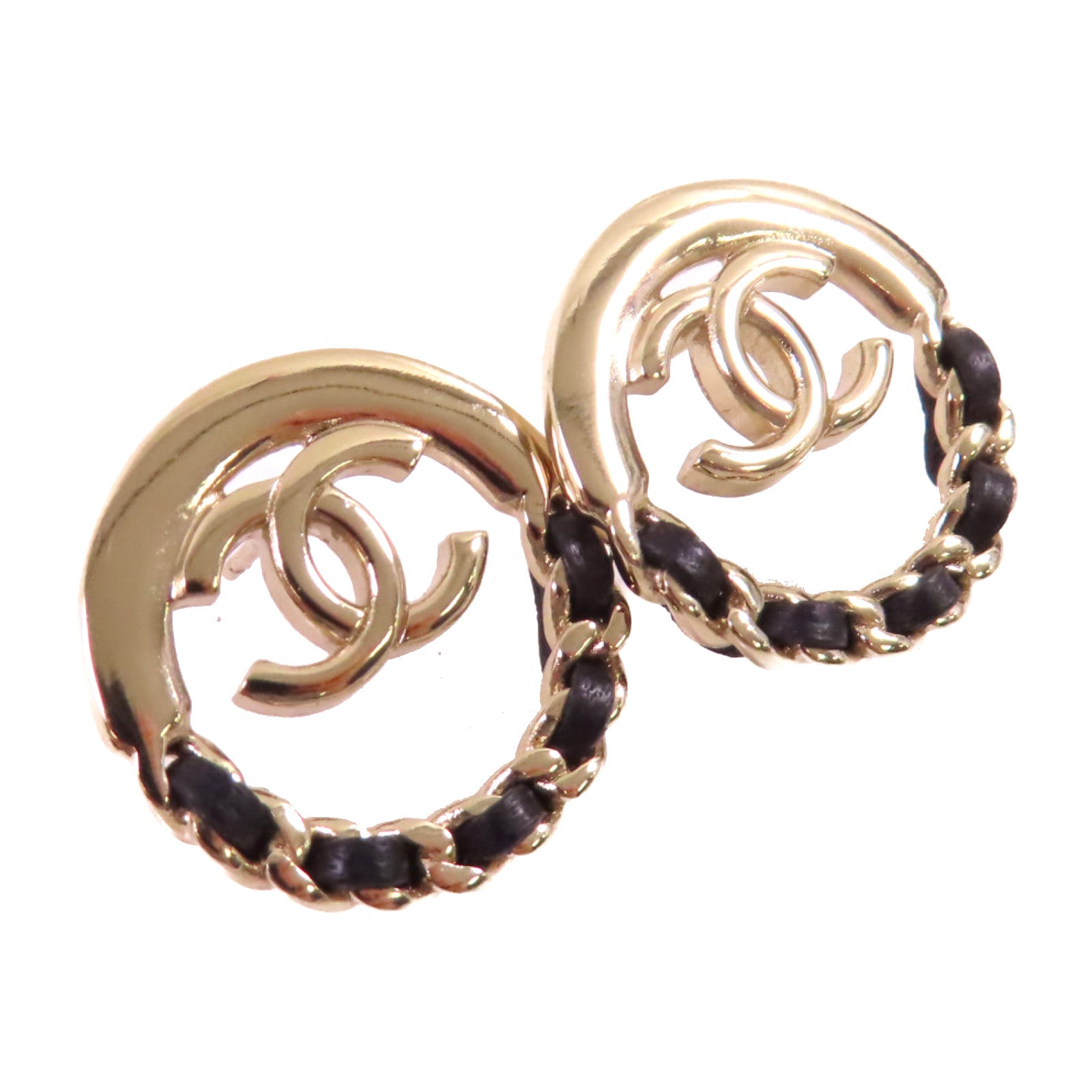 CHANEL 金屬/皮革CC Earrings耳環金色/黑色