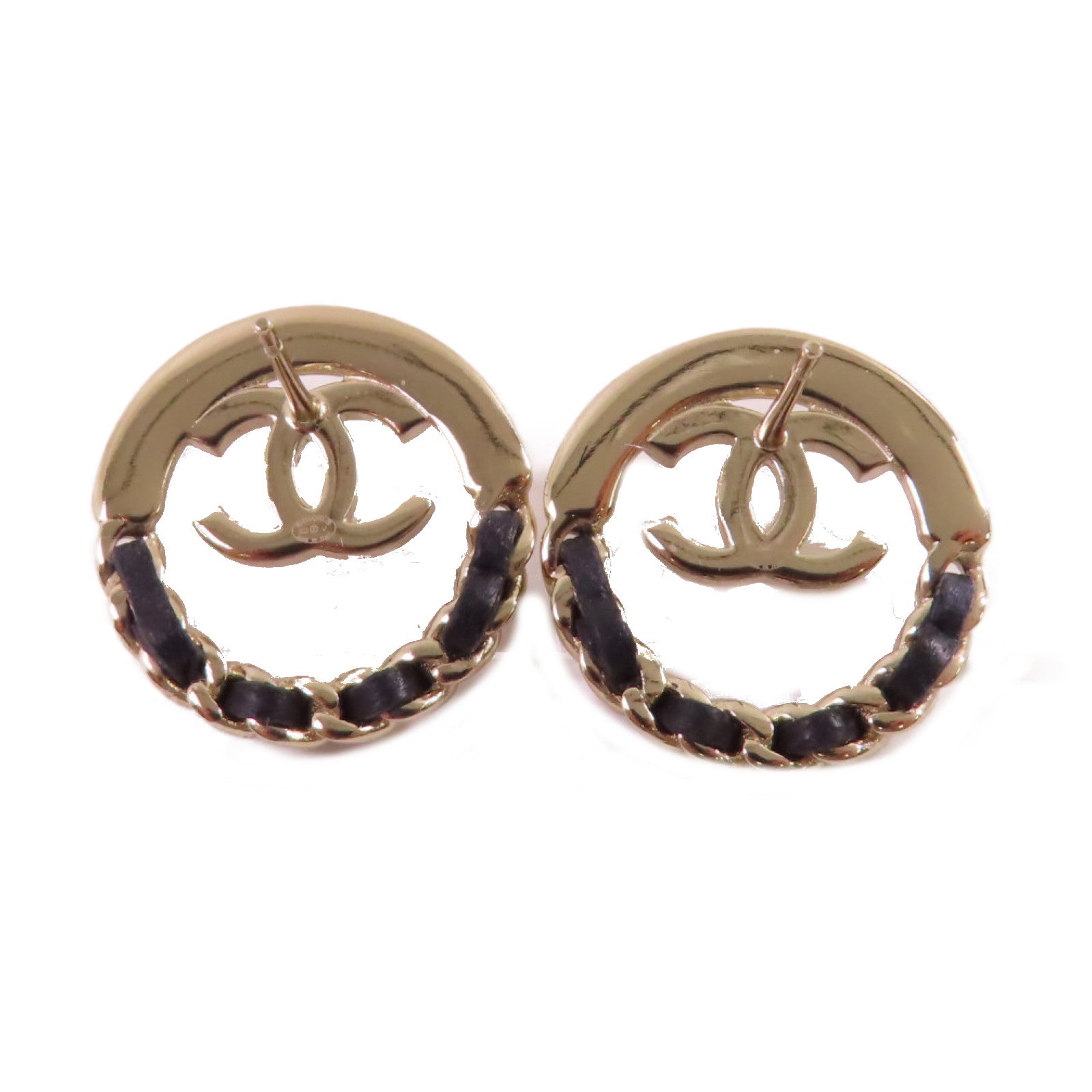 CHANEL 金屬/皮革CC Earrings耳環金色/黑色