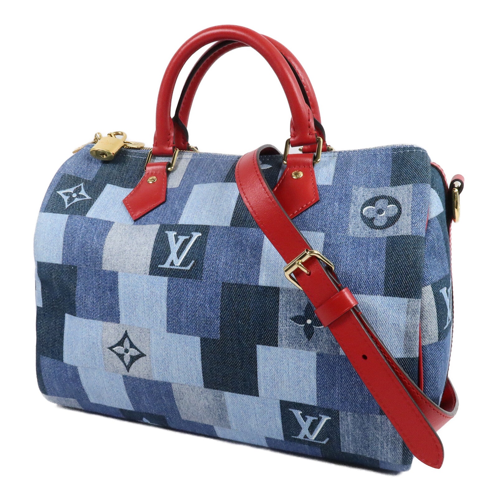LOUIS VUITTON Monogram Denim Speedy Bandouliere 30 Square Patchwork手挽肩背兩用袋