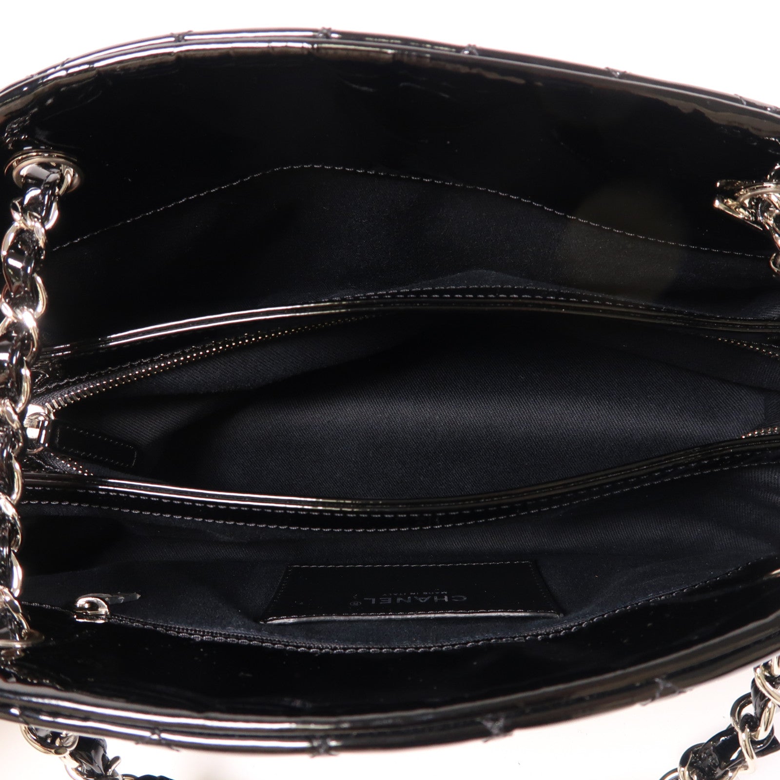 CHANEL 漆皮皮革Tote Bag銀扣鏈帶肩背袋黑色