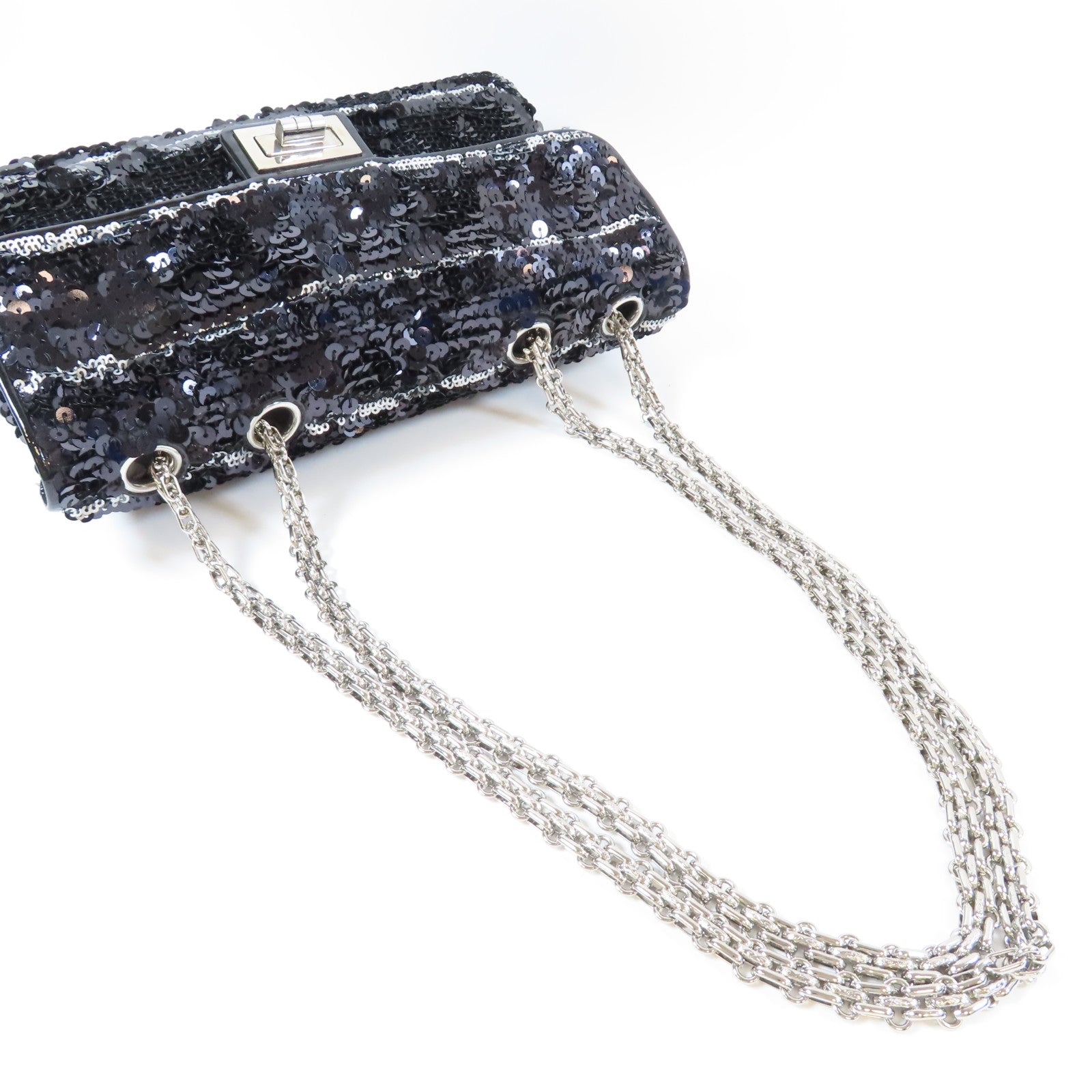 CHANEL 亮片Chain Shoulder銀扣肩背袋黑色