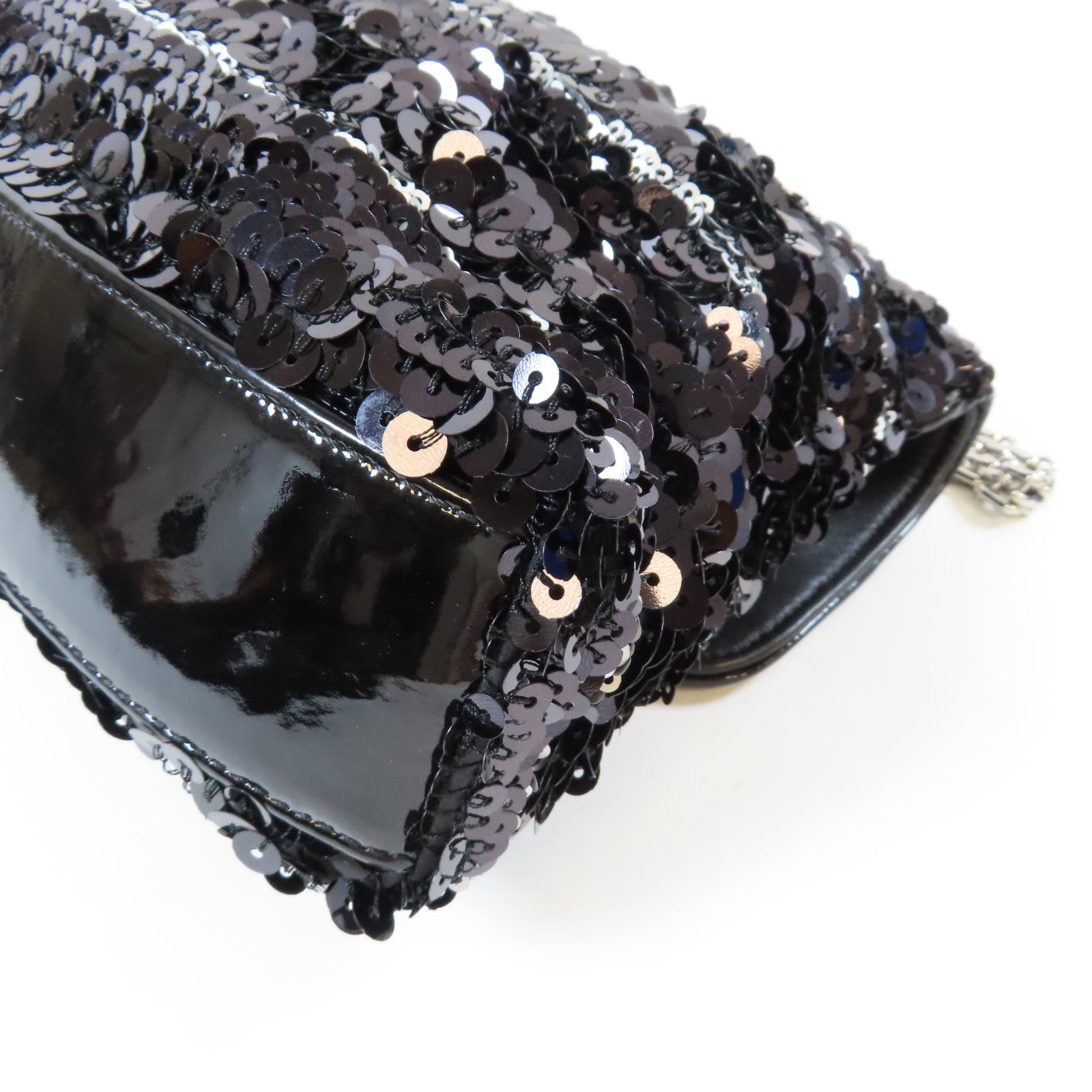 CHANEL 亮片Chain Shoulder銀扣肩背袋黑色