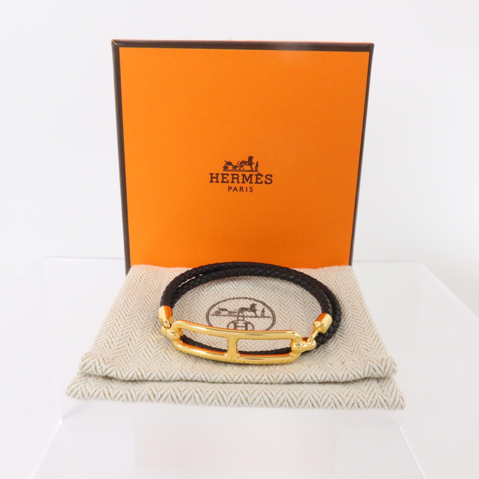 HERMES Swift皮革/金屬Roulis Double Tour Bracelet金扣手鏈