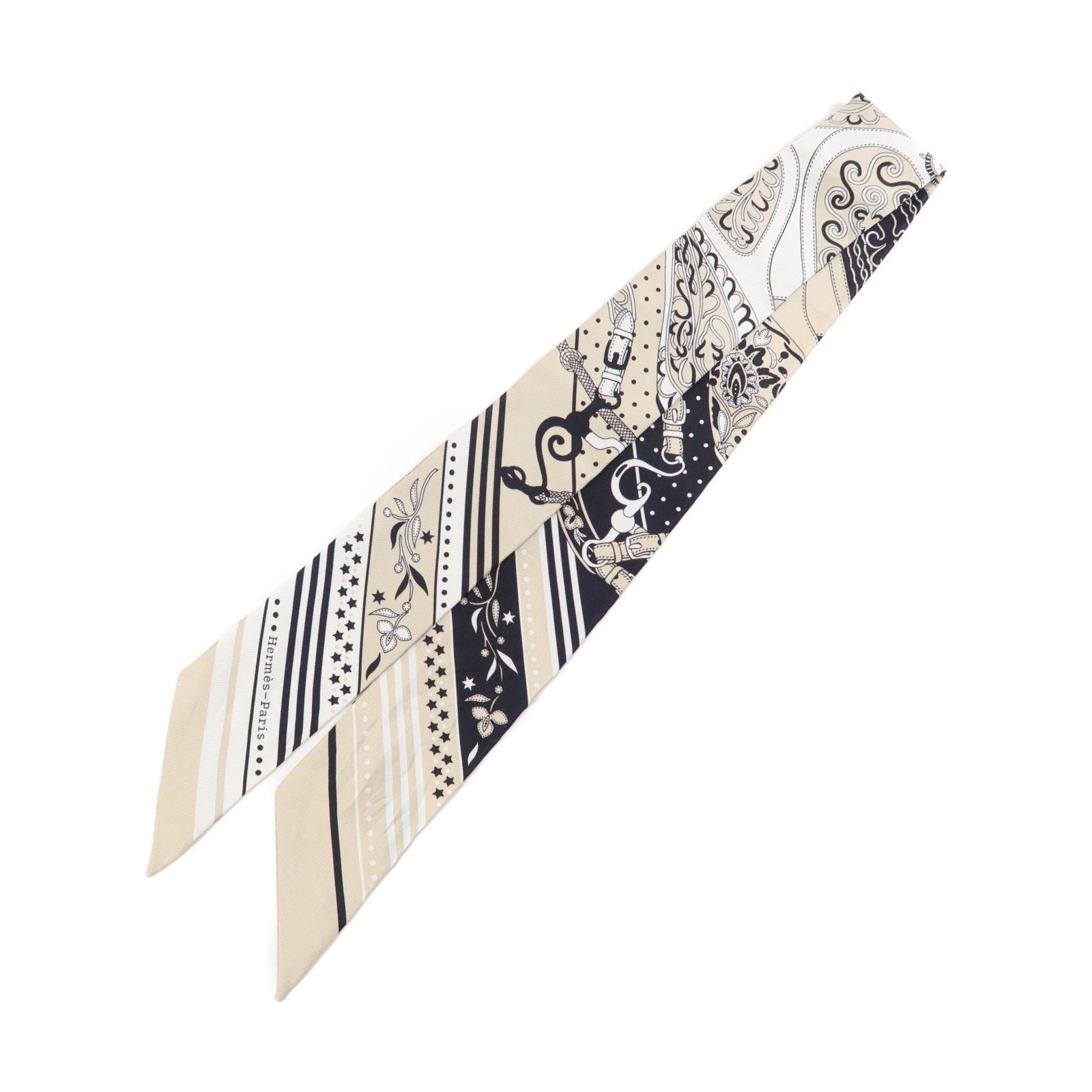HERMES 絲質Twilly絲巾米色/黑色/白色