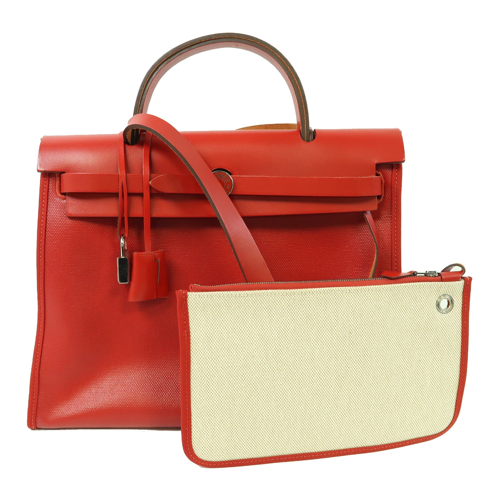HERMES 防水帆布Herbag PM銀扣手挽肩背兩用袋紅色