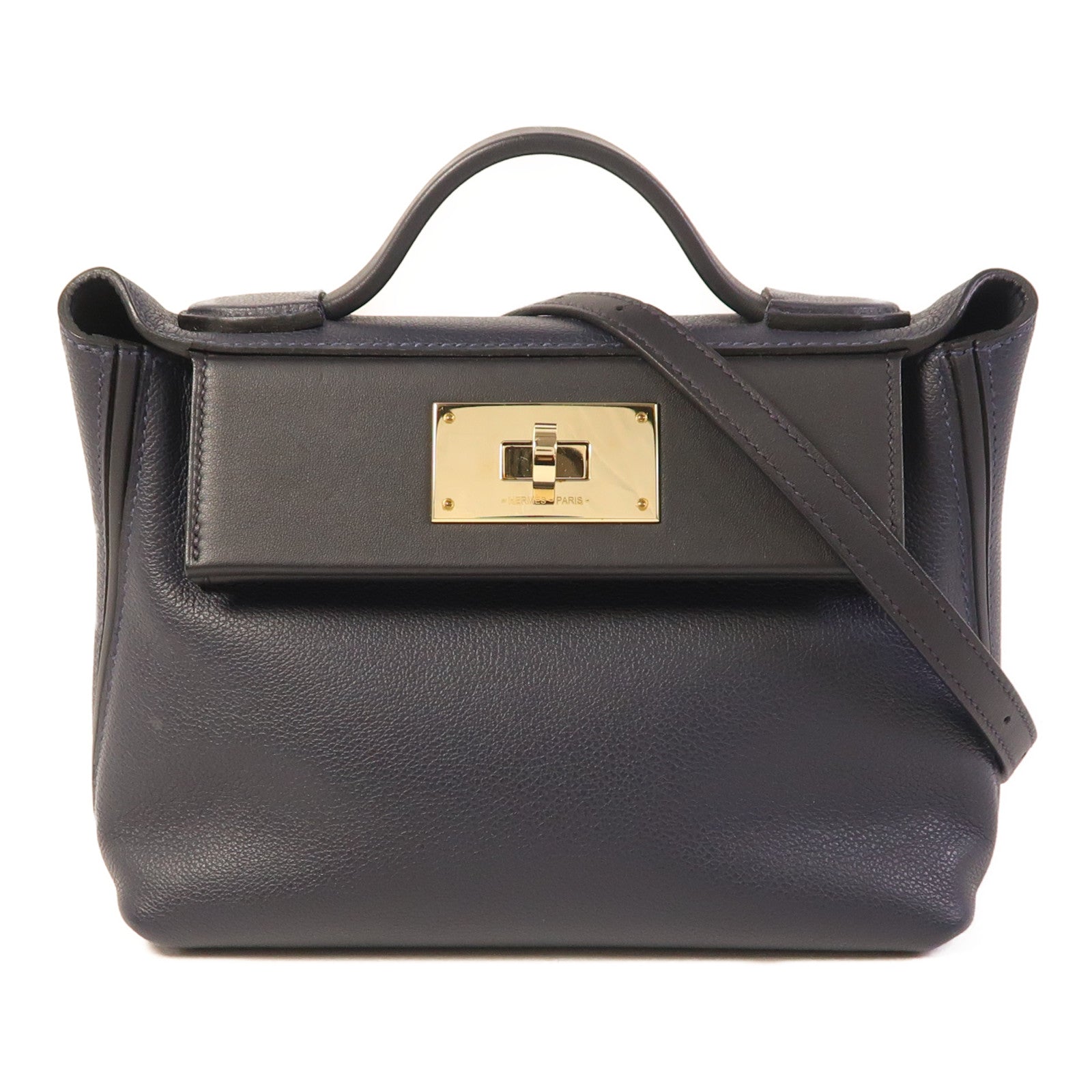 HERMES Evercolor/Swift皮革24/24 Mini金扣手挽肩背兩用袋Bleu Nuit