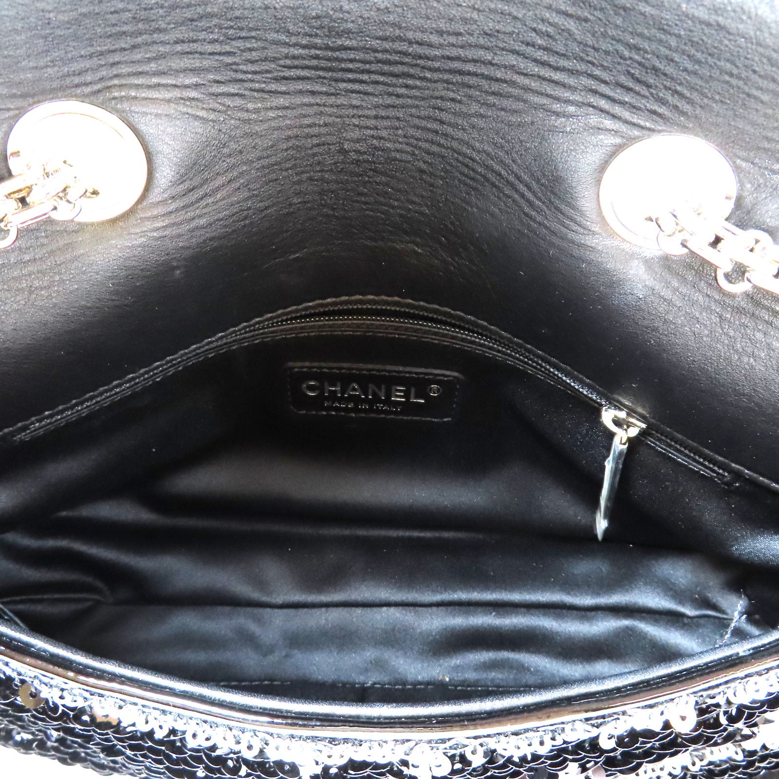 CHANEL 亮片Chain Shoulder銀扣肩背袋黑色