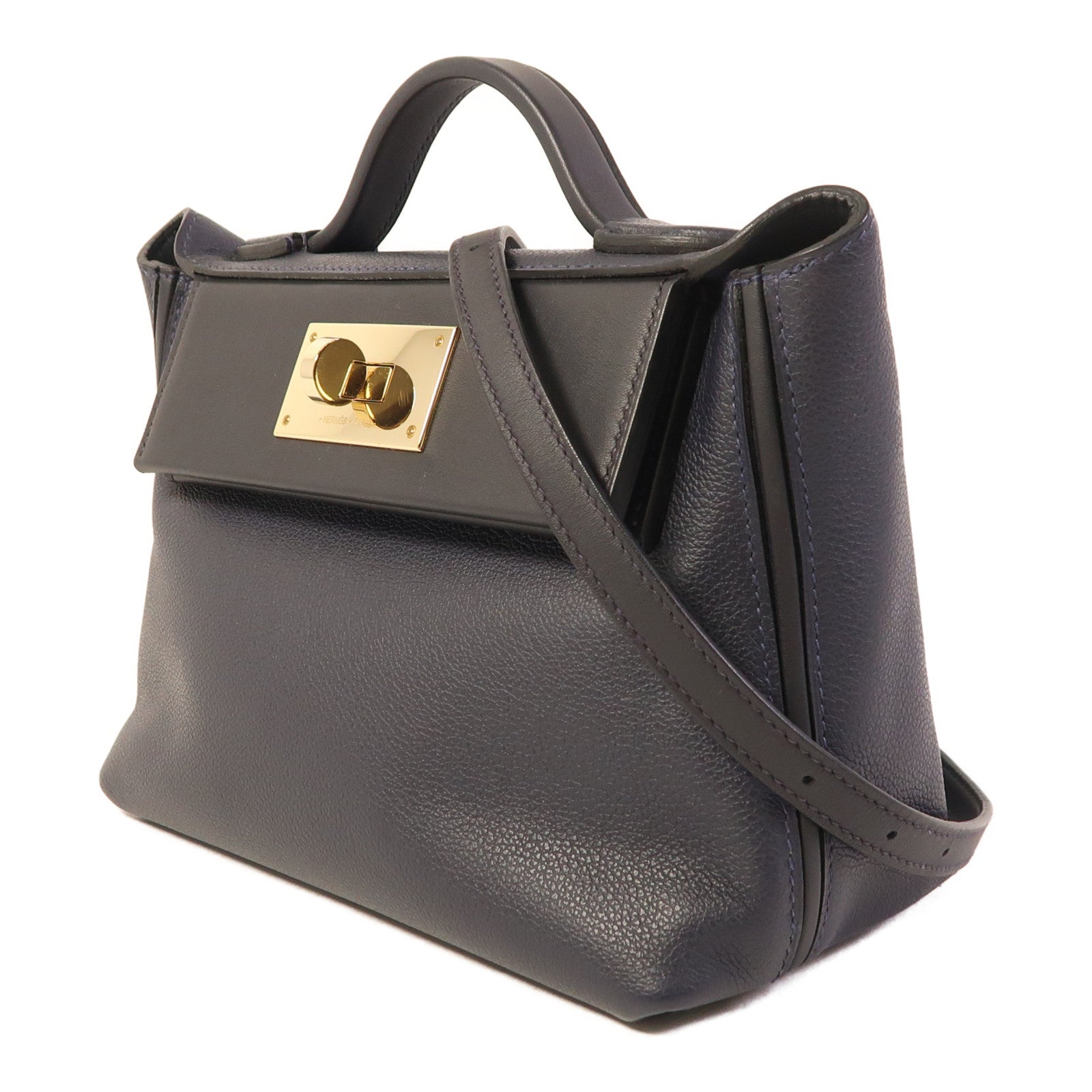 HERMES Evercolor/Swift皮革24/24 Mini金扣手挽肩背兩用袋Bleu Nuit
