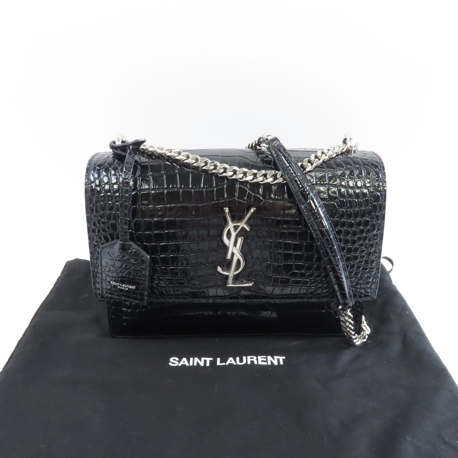 YVES SAINT LAURENT 牛皮皮革Chain Shoulder Bag銀扣鏈帶肩背袋黑色