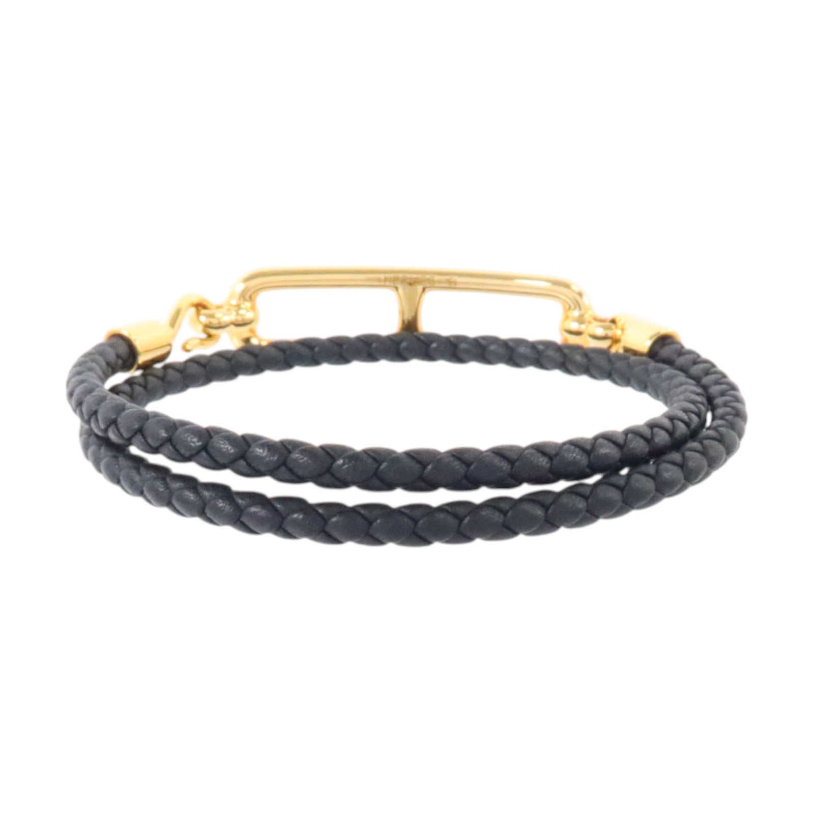 HERMES Swift皮革/金屬Roulis Double Tour Bracelet金扣手鏈
