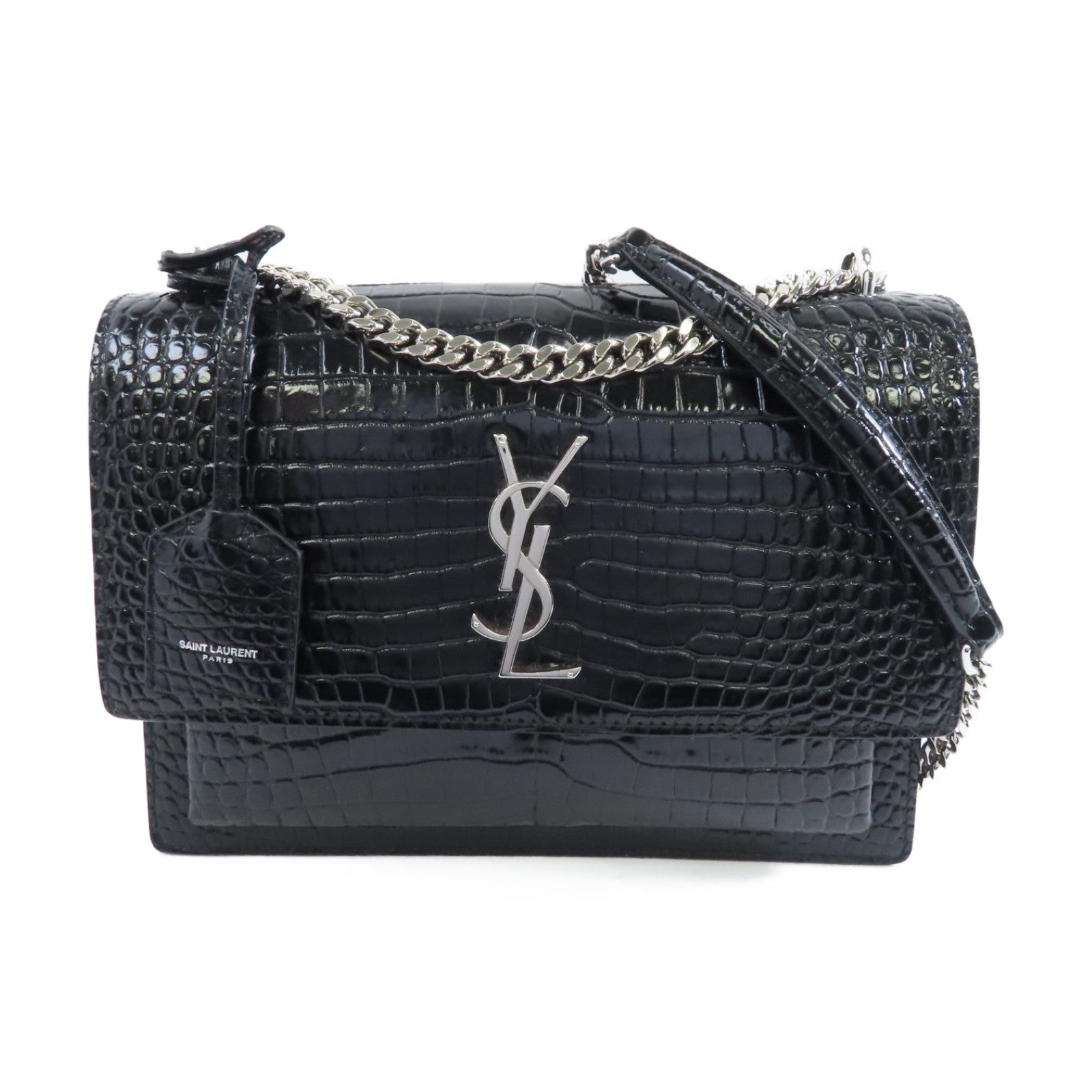 YVES SAINT LAURENT 牛皮皮革Chain Shoulder Bag銀扣鏈帶肩背袋黑色