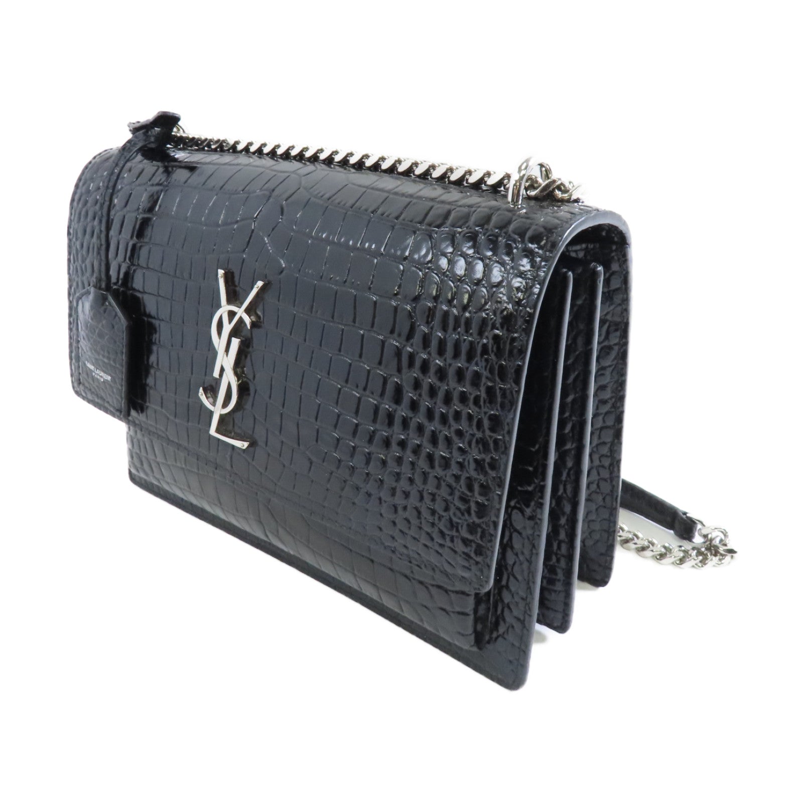 YVES SAINT LAURENT 牛皮皮革Chain Shoulder Bag銀扣鏈帶肩背袋黑色