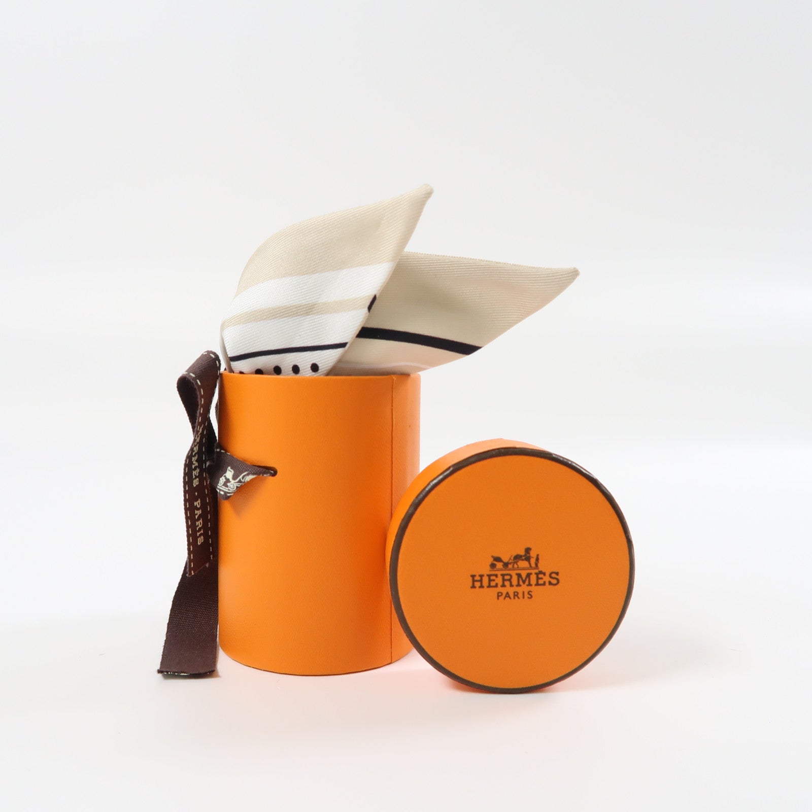 HERMES 絲質Twilly絲巾米色/黑色/白色
