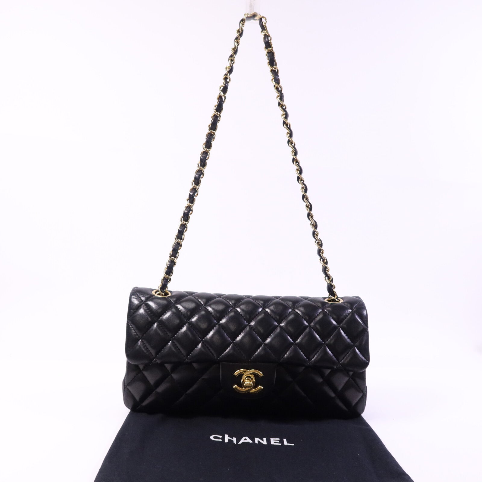 CHANEL 羊皮皮革Vintage Classic East West Flag Bag金扣鏈帶肩背袋