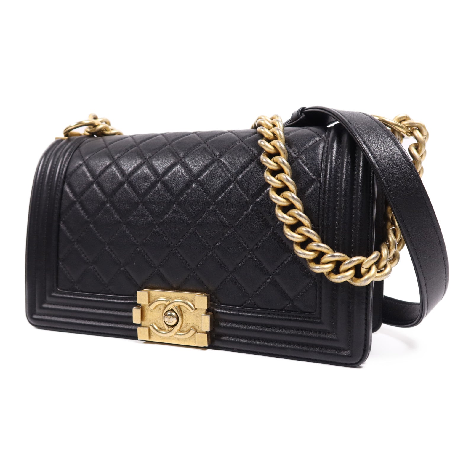 CHANEL 羊皮皮革Boy 25金扣鏈帶肩背袋