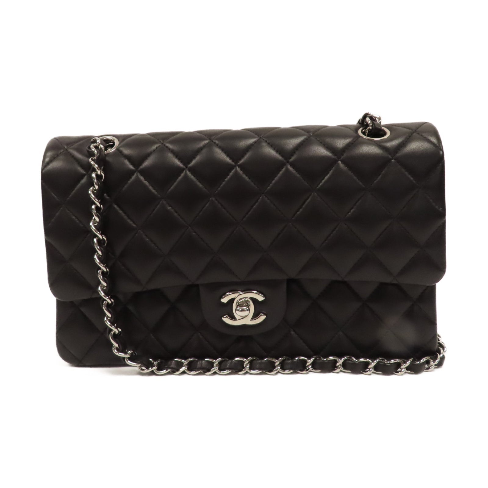 CHANEL 【激減優惠】菱格羊皮皮革Medium Classic Flap銀扣鏈帶肩背袋黑色