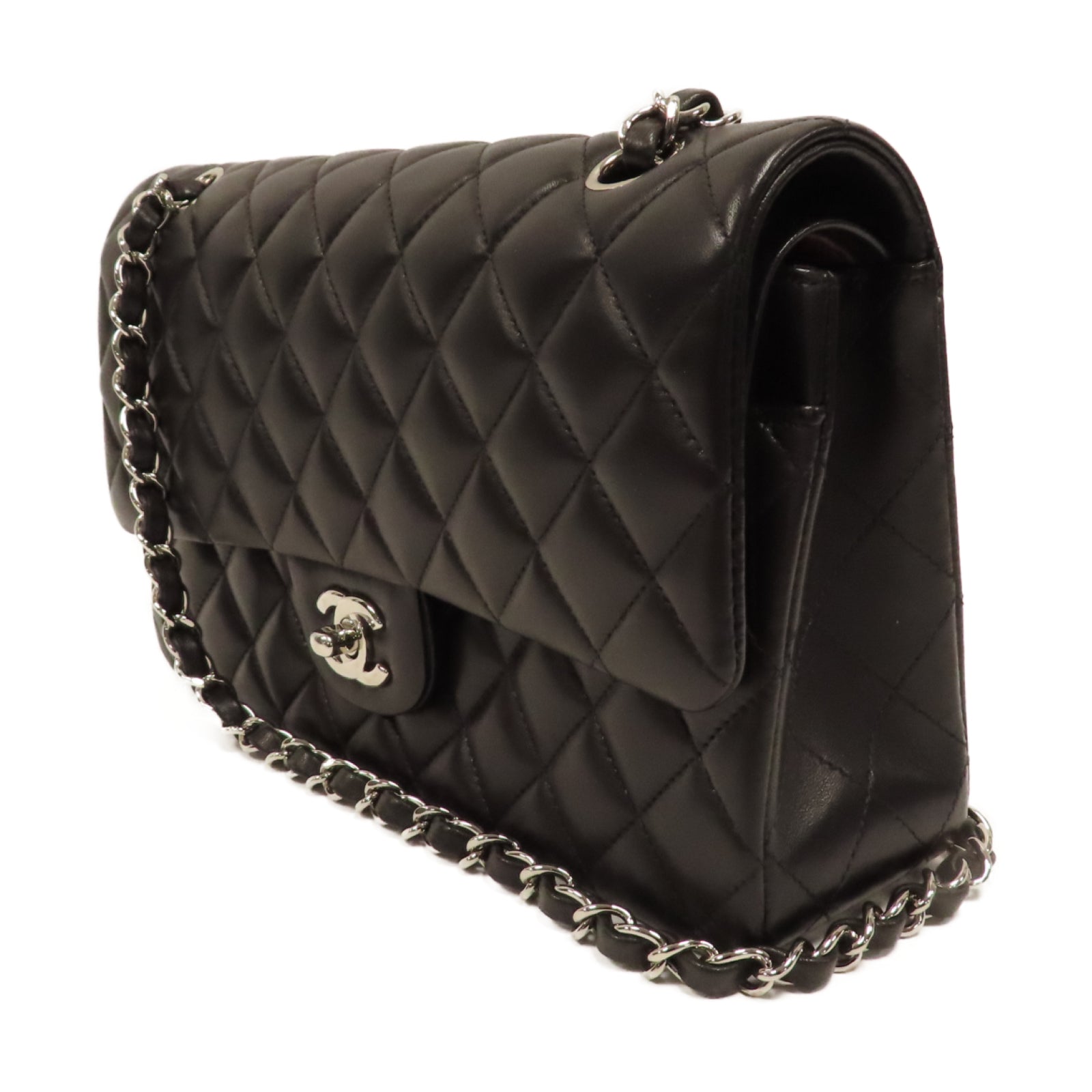 CHANEL 【激減優惠】菱格羊皮皮革Medium Classic Flap銀扣鏈帶肩背袋黑色