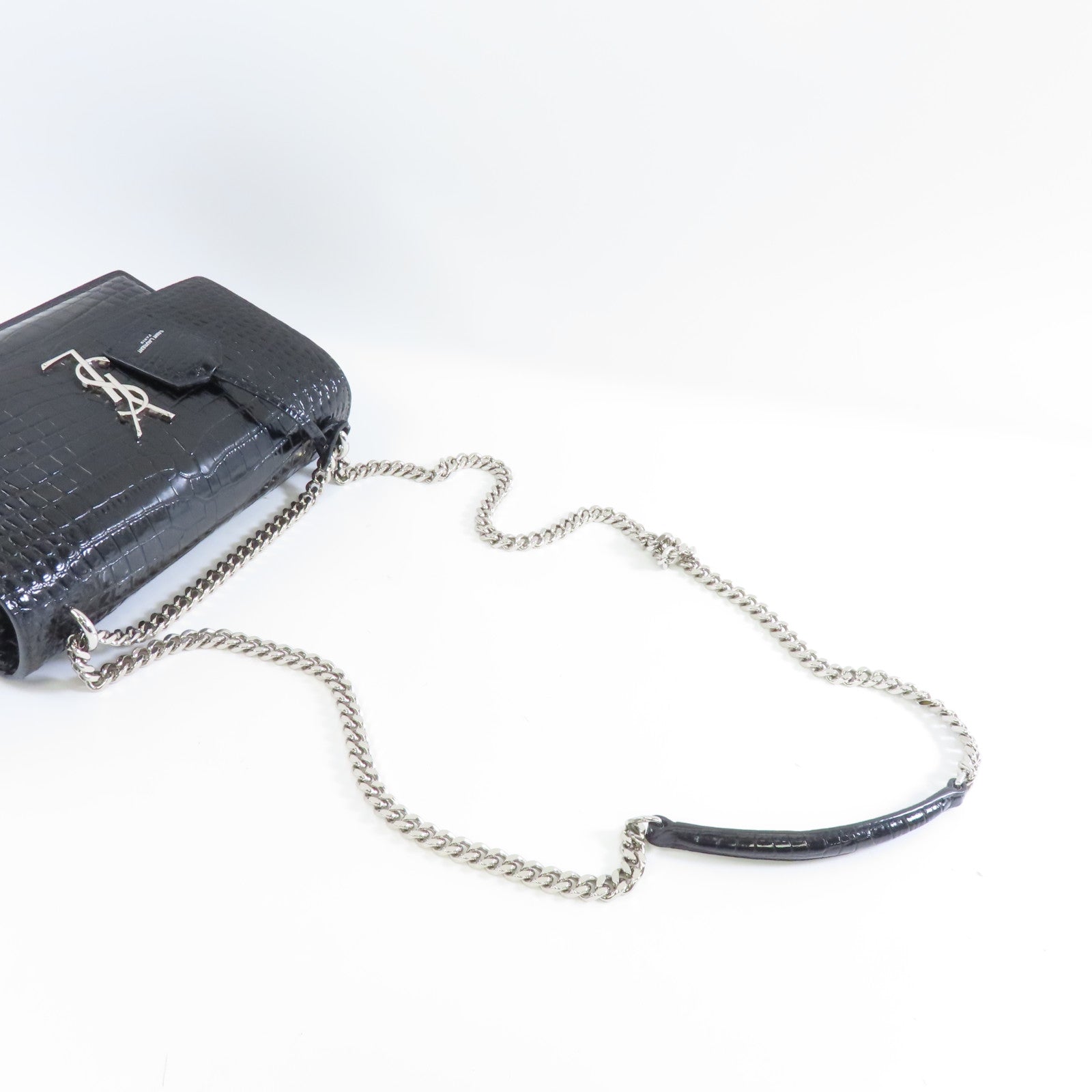 YVES SAINT LAURENT 牛皮皮革Chain Shoulder Bag銀扣鏈帶肩背袋黑色